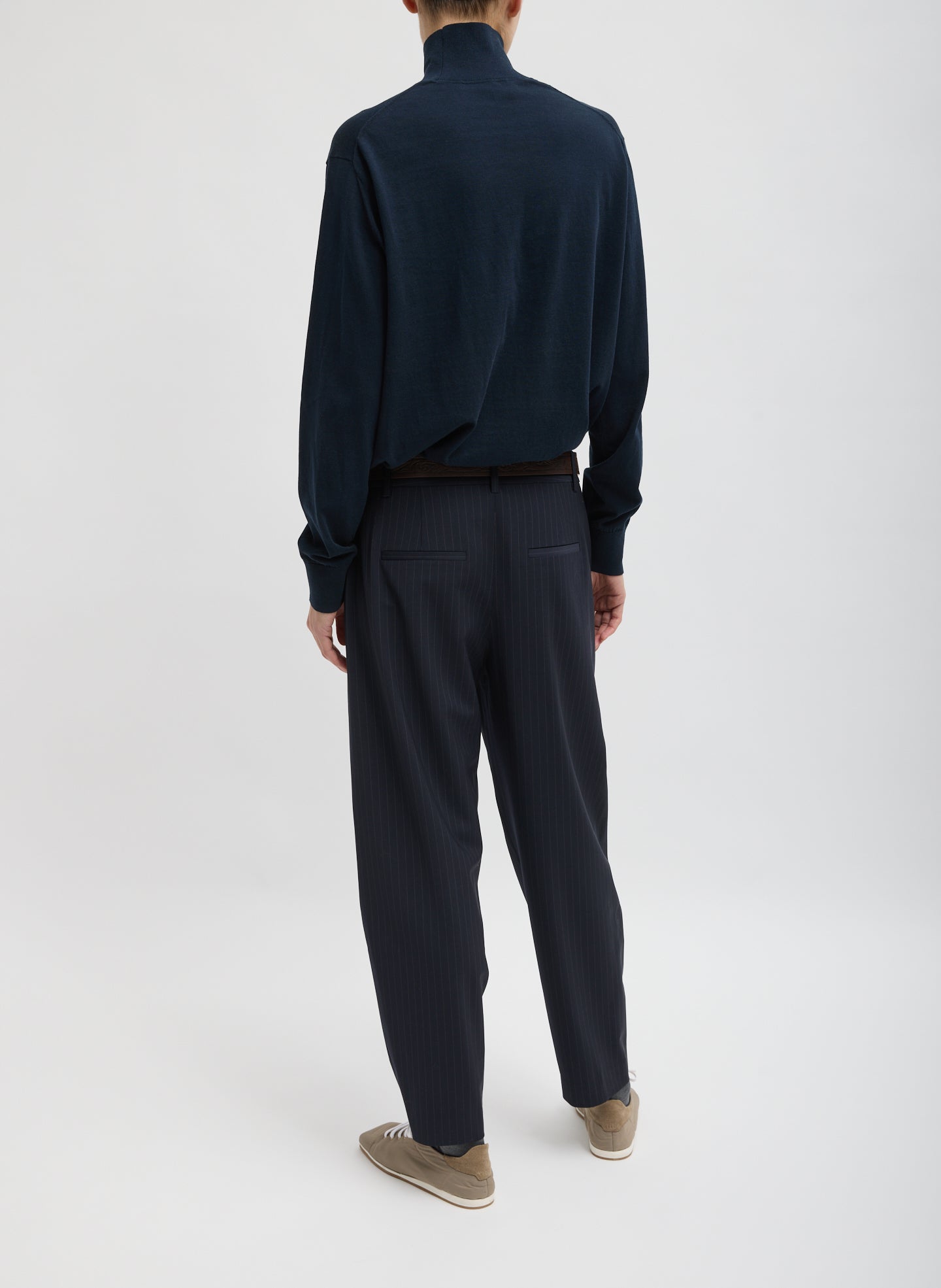 Dominic Pinstripe Reese Sculpted Trouser - barrel leg, back view on model