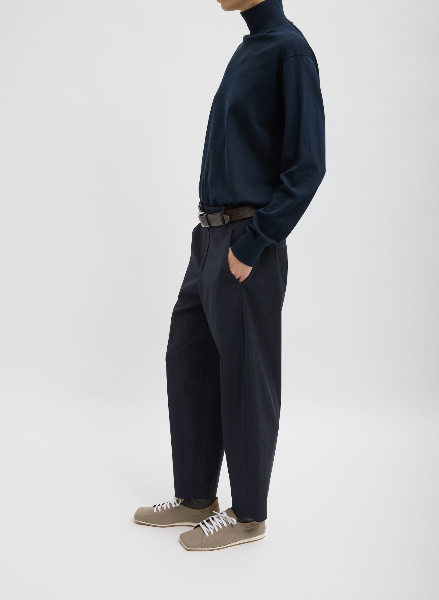 Dominic Pinstripe Reese Sculpted Trouser - barrel leg, side view on model