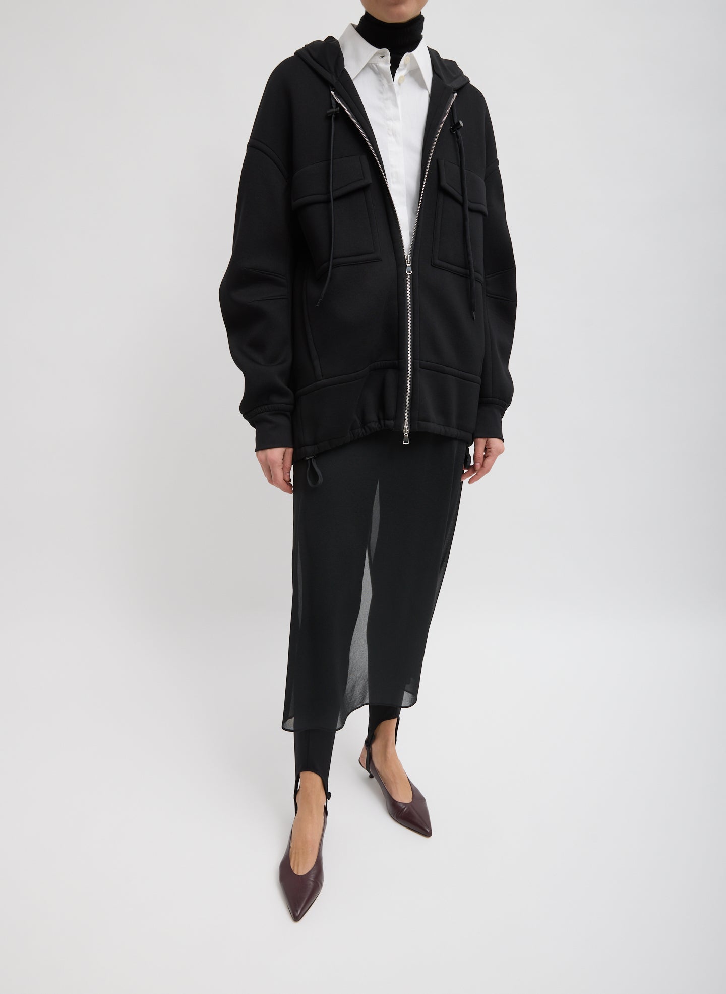 Black Techy Viscose Zip Up Hoodie - full look, front view on model