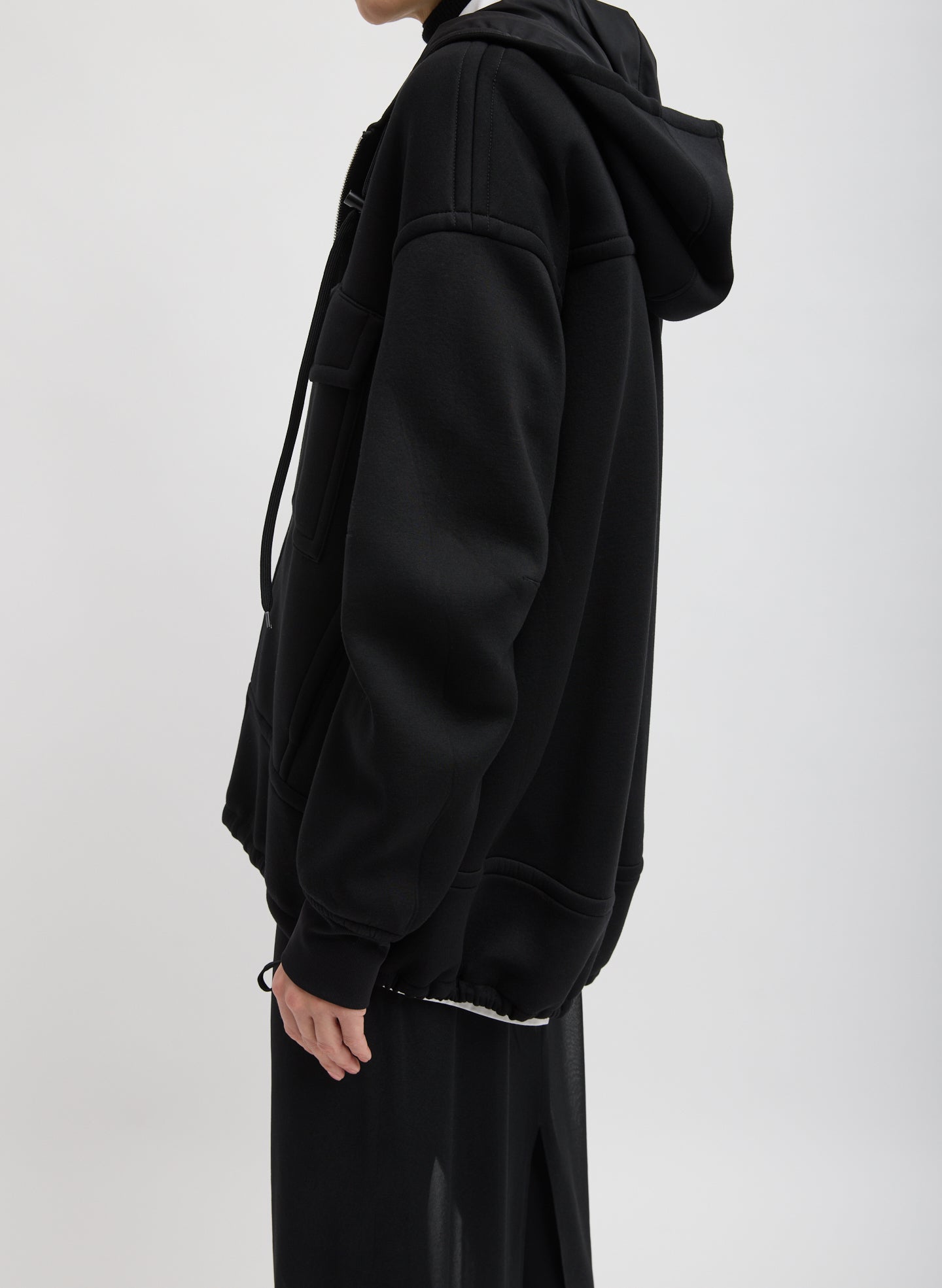 Black Techy Viscose Zip Up Hoodie - side view on model