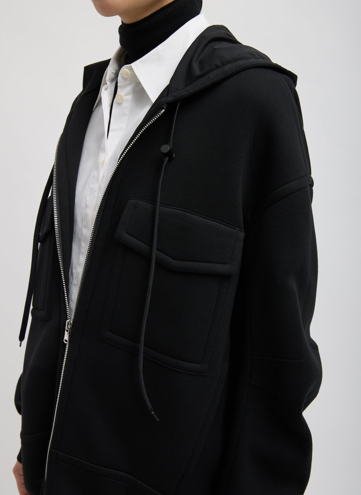 Black Techy Viscose Zip Up Hoodie - side view on model