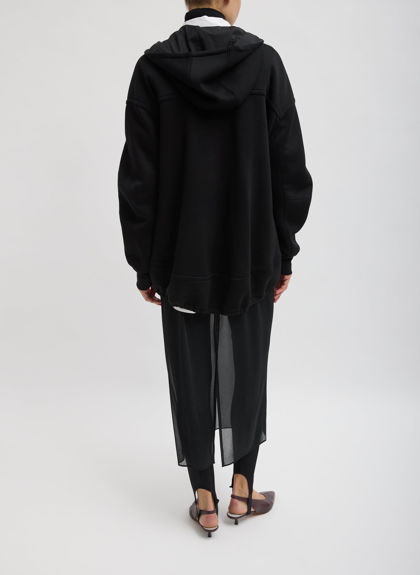Black Techy Viscose Zip Up Hoodie - full look, back view on model