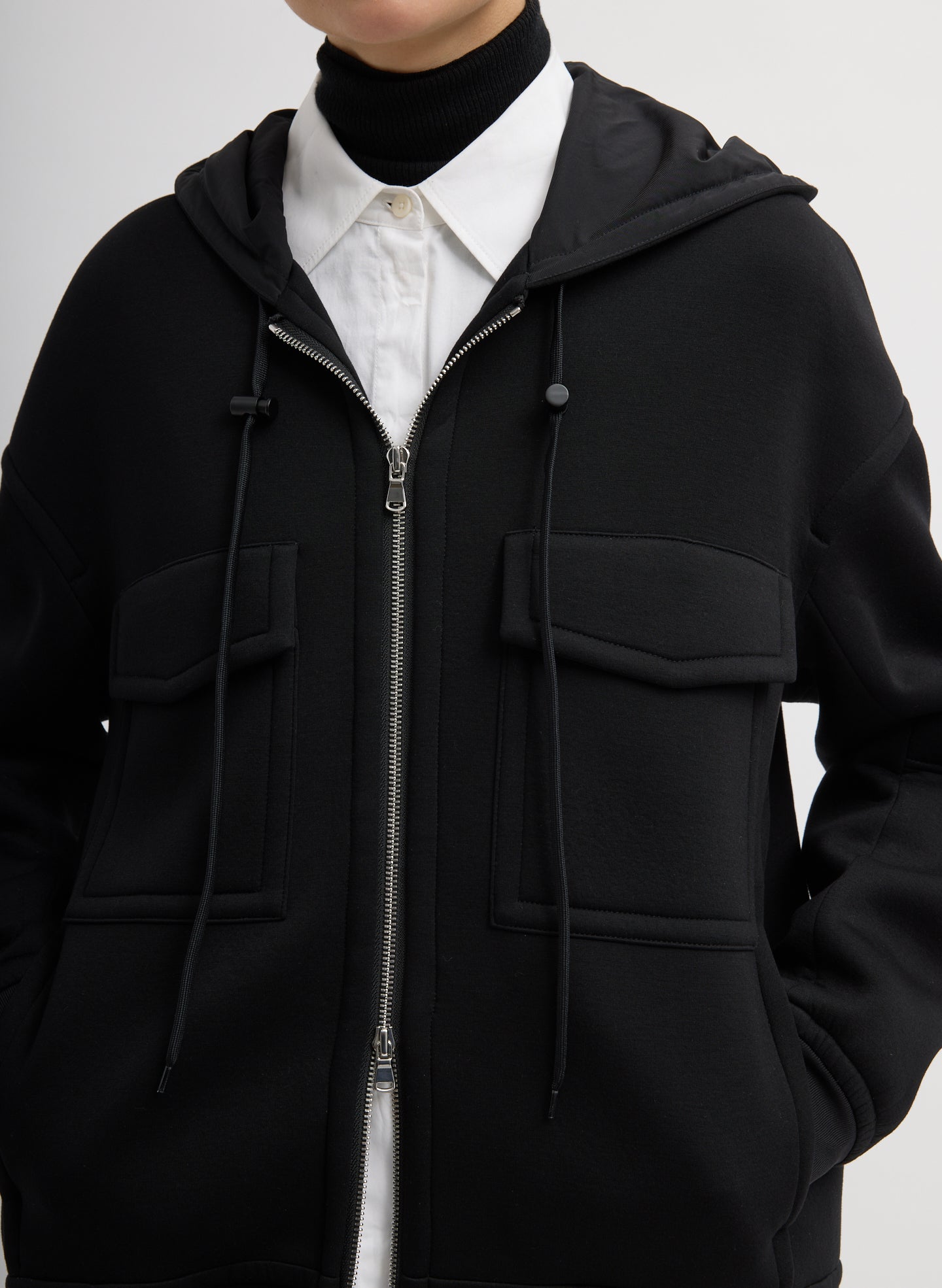 Black Techy Viscose Zip Up Hoodie - closeup of front zip and drawstring details