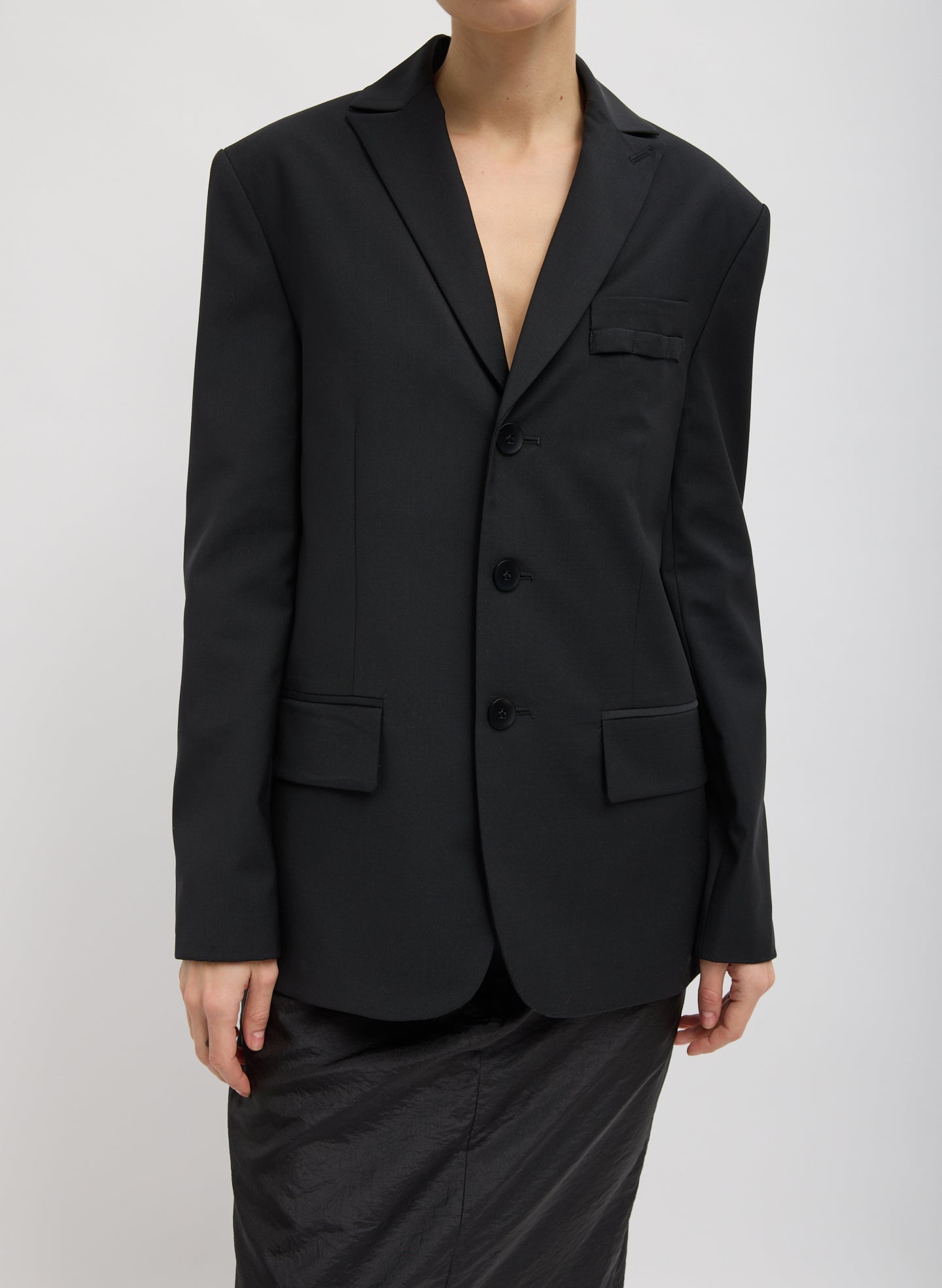Black Tropical Wool Dennis Cutout Blazer - single breasted, front view on model
