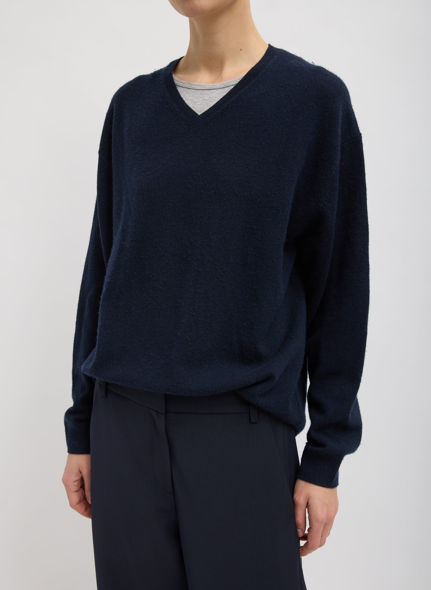 Navy Washable Cashmere Easy V-Neck Sweater - front view on model