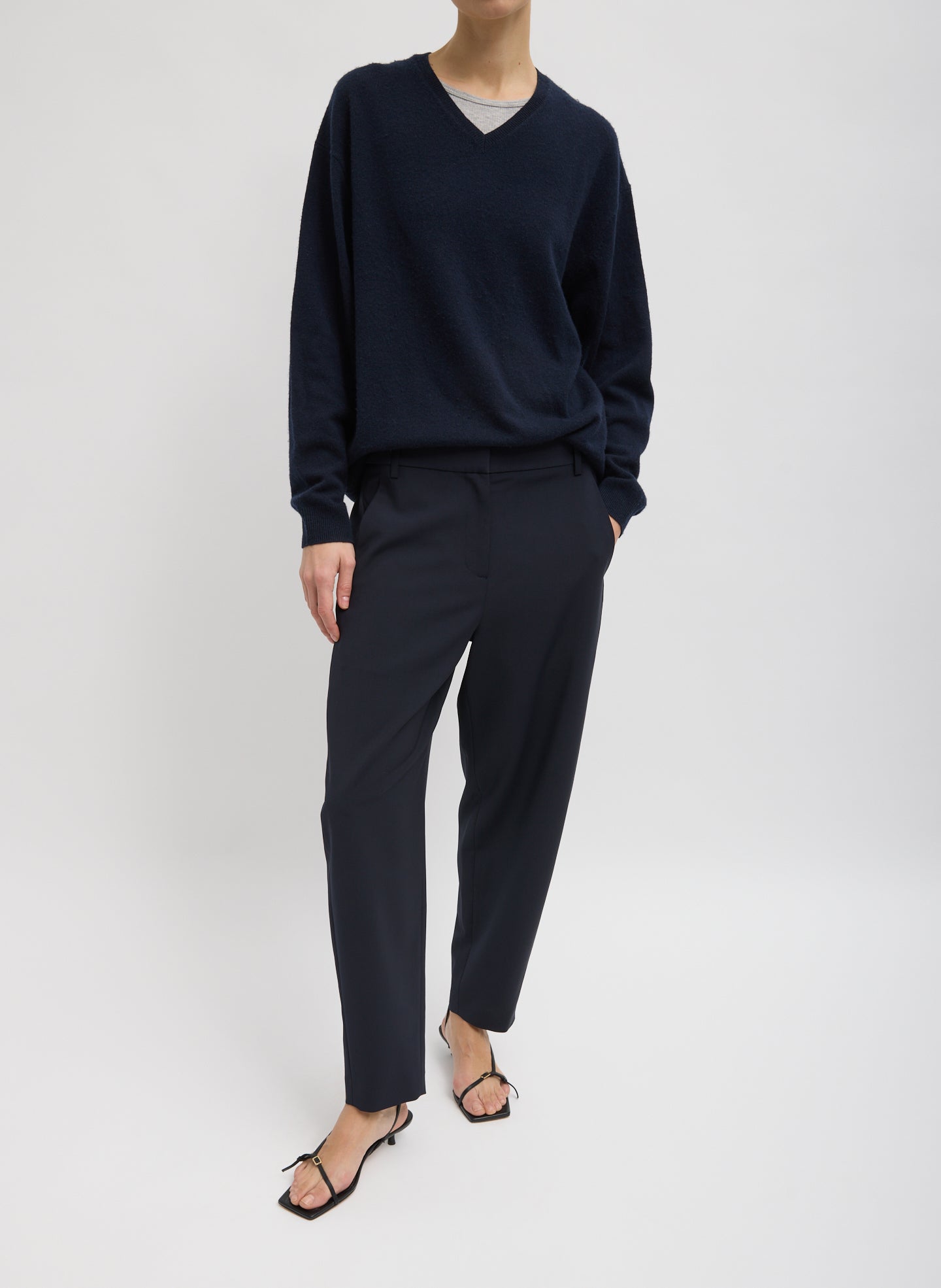 Navy Washable Cashmere Easy V-Neck Sweater - full look, front view on model