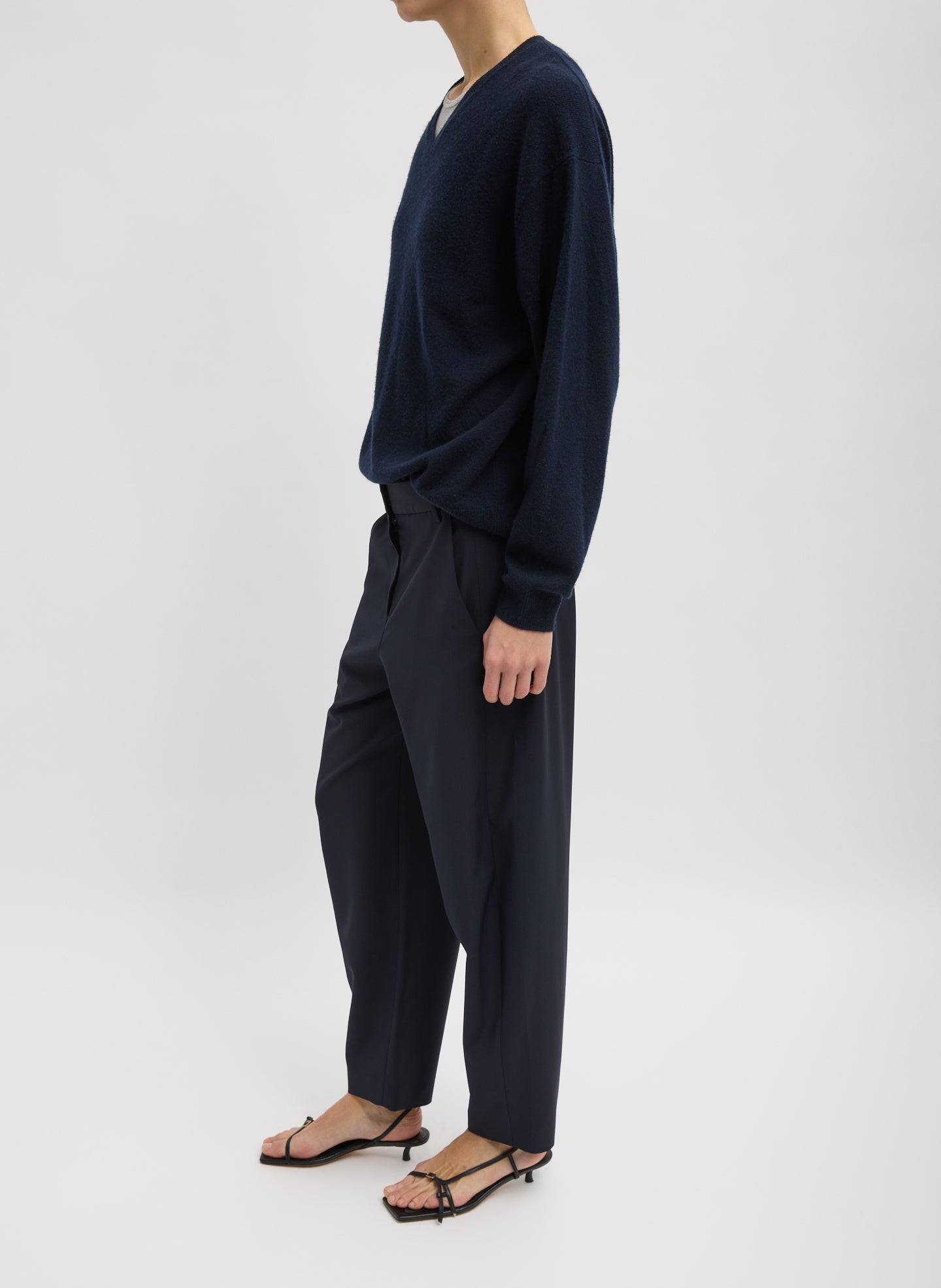 Navy Washable Cashmere Easy V-Neck Sweater - full look, side view on model