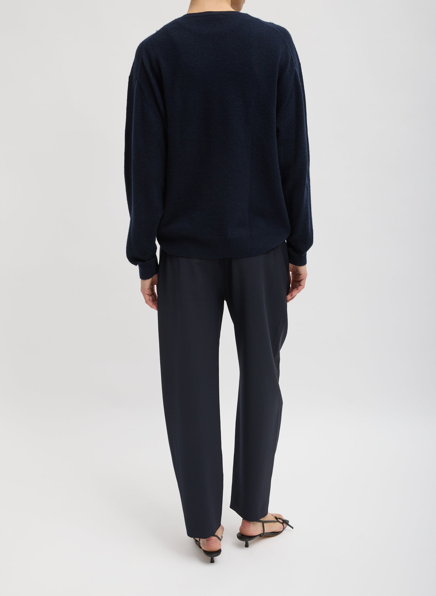 Navy Washable Cashmere Easy V-Neck Sweater - full look, back view on model