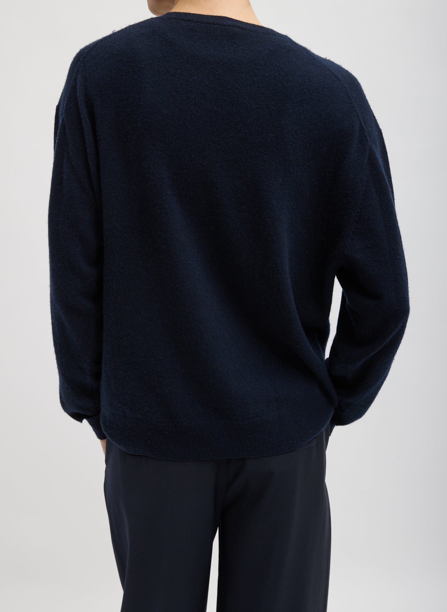 Navy Washable Cashmere Easy V-Neck Sweater - back view on model