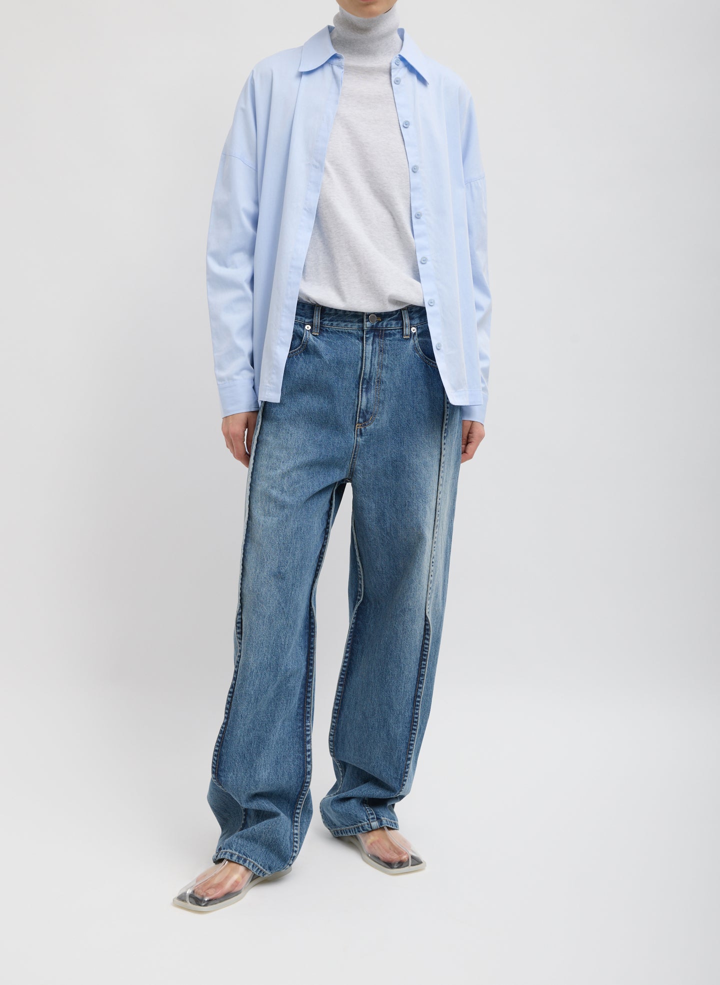 Classic Blue Spring Denim Tuck Jean - full look, front view on model