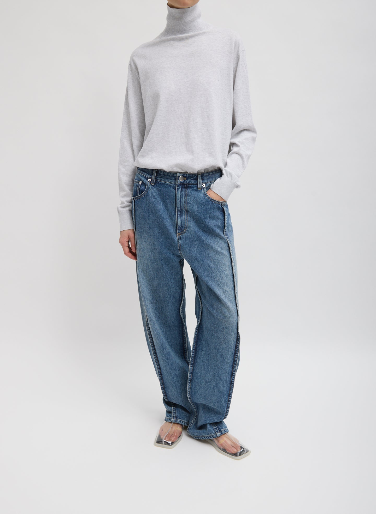 Classic Blue Spring Denim Tuck Jean - barrel leg, front view on model