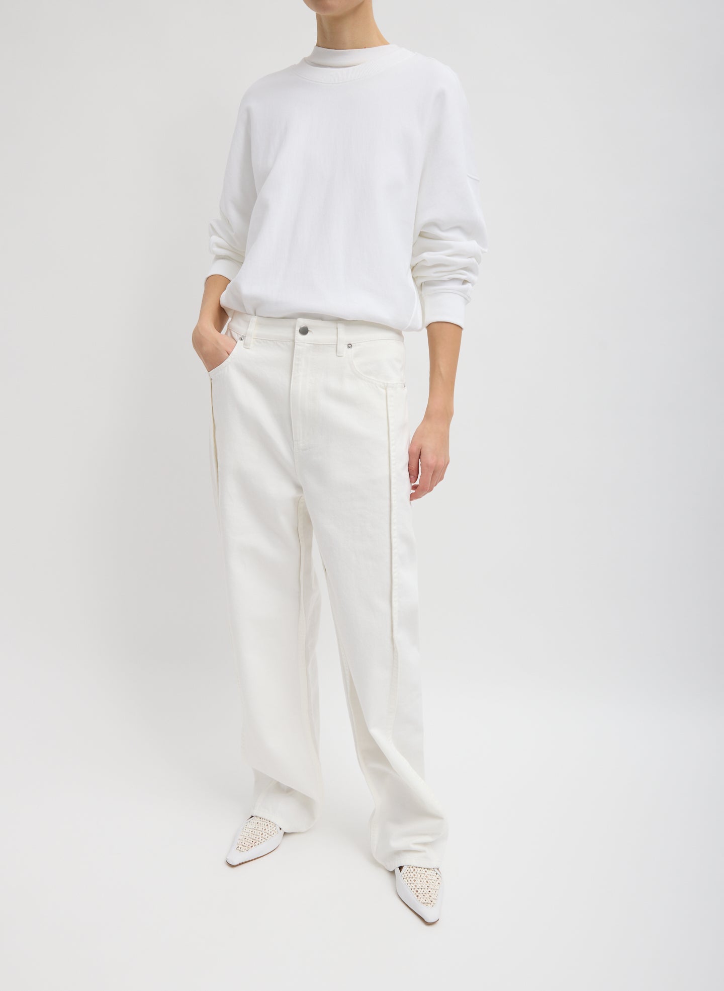 White Spring Denim Tuck Jean - full look, front view on model