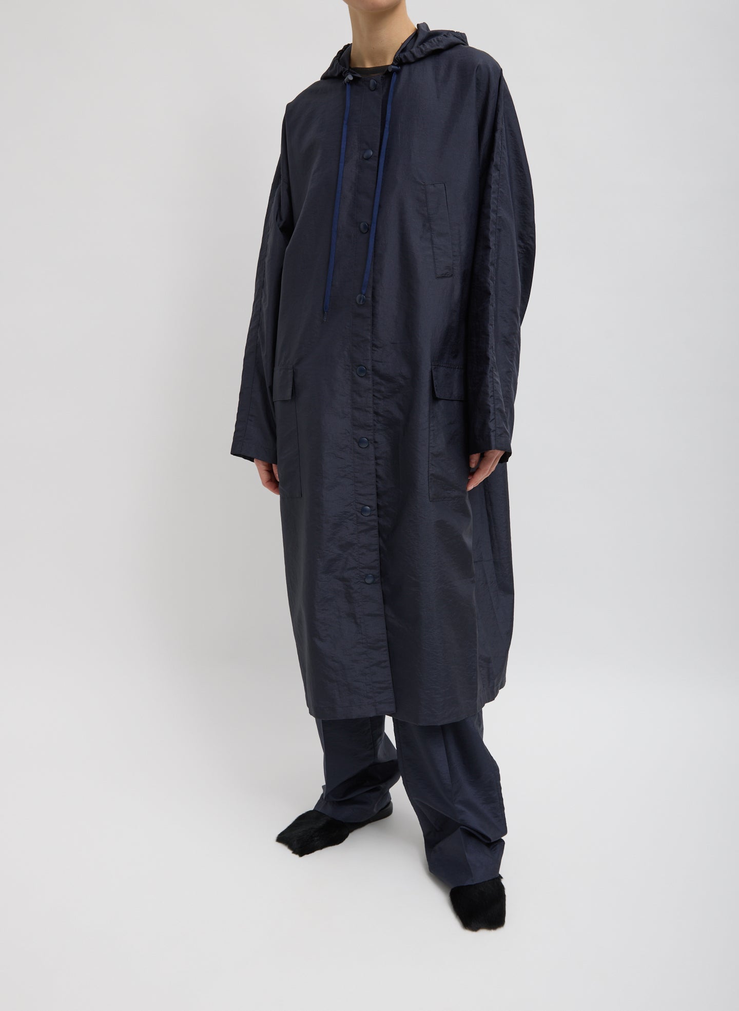 Navy Crispy Nylon Hooded Coat - full look on model