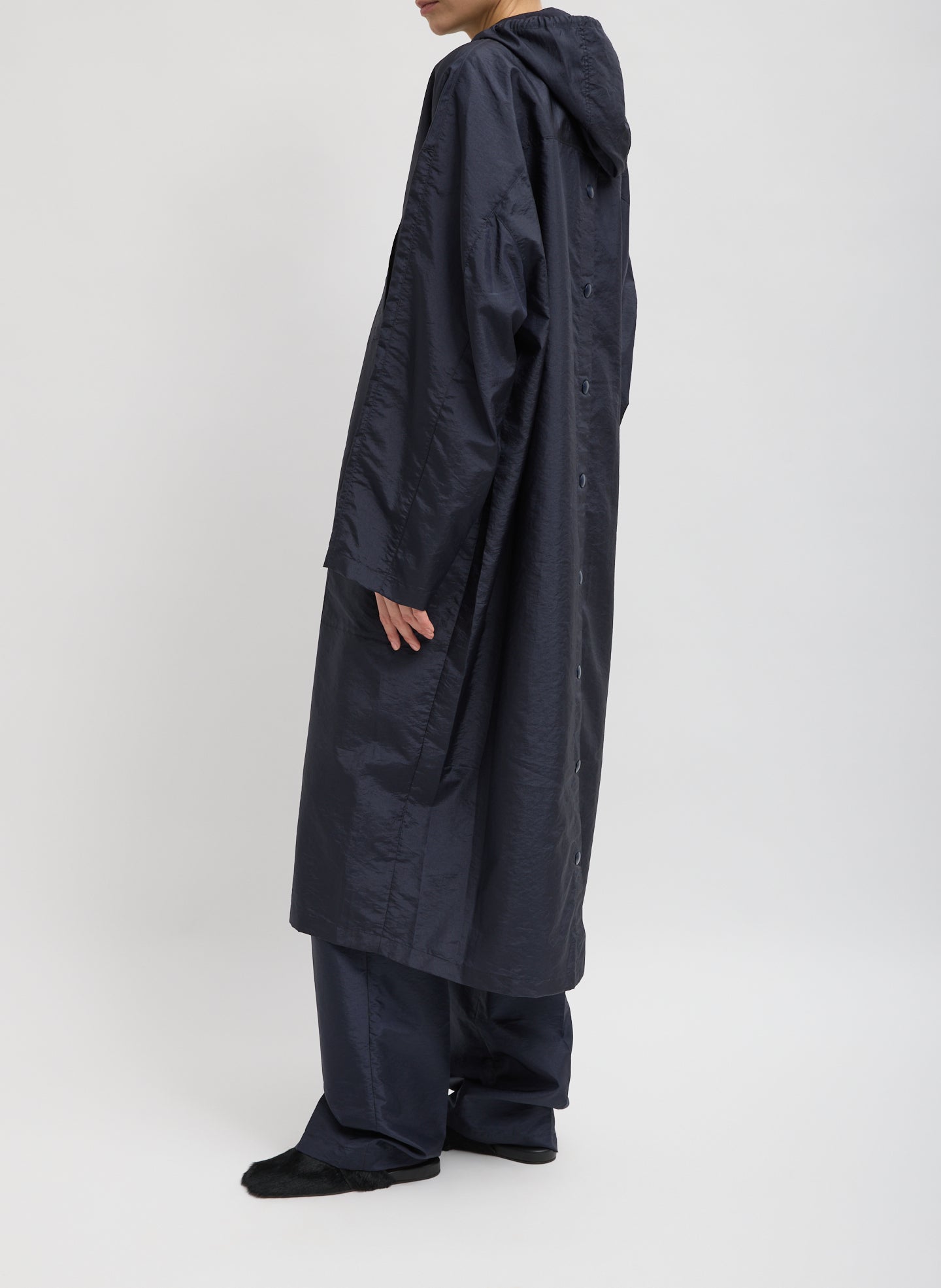 Navy Crispy Nylon Hooded Coat - full look, side view on model