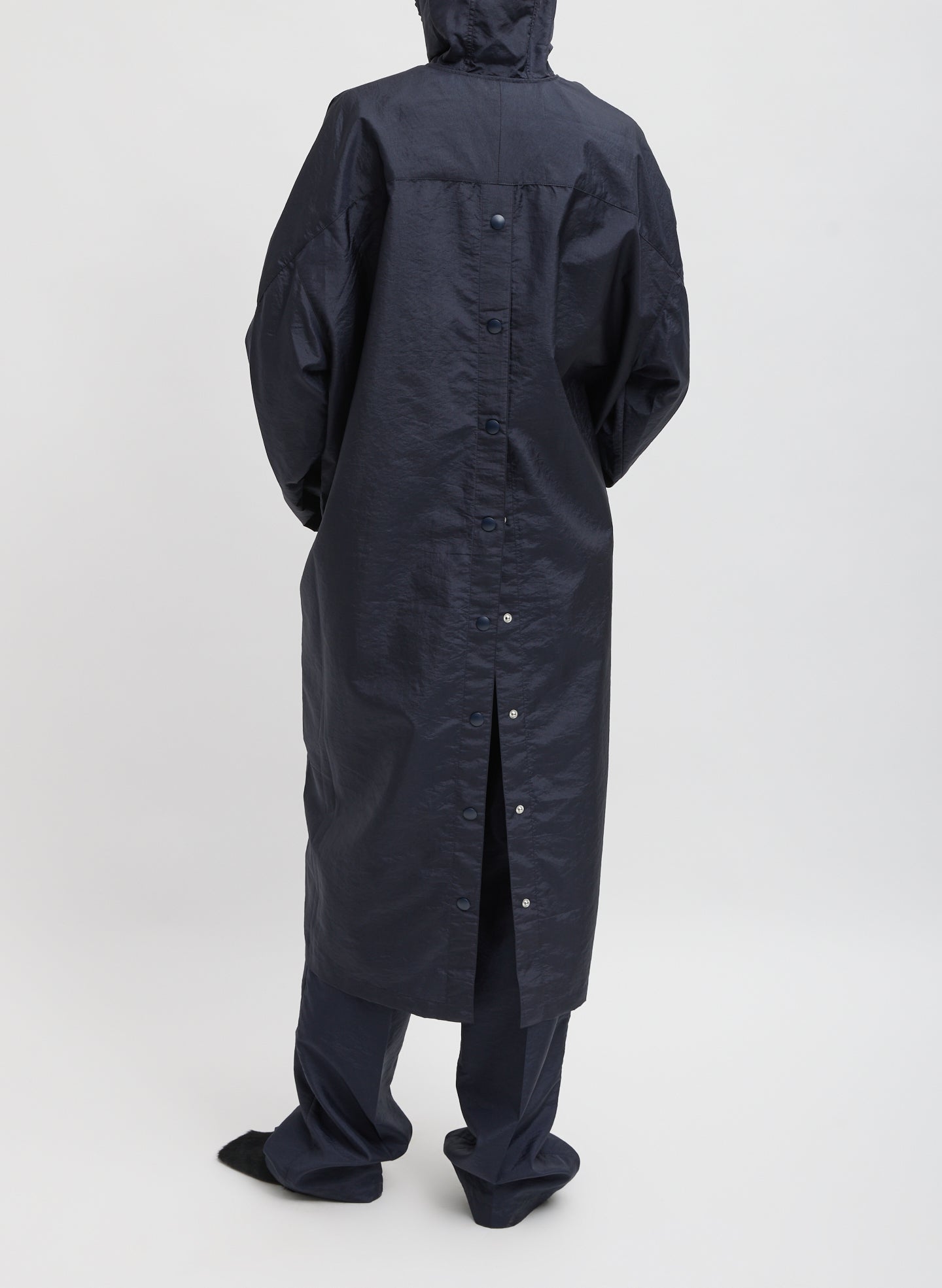 Navy Crispy Nylon Hooded Coat - full look, back view on model