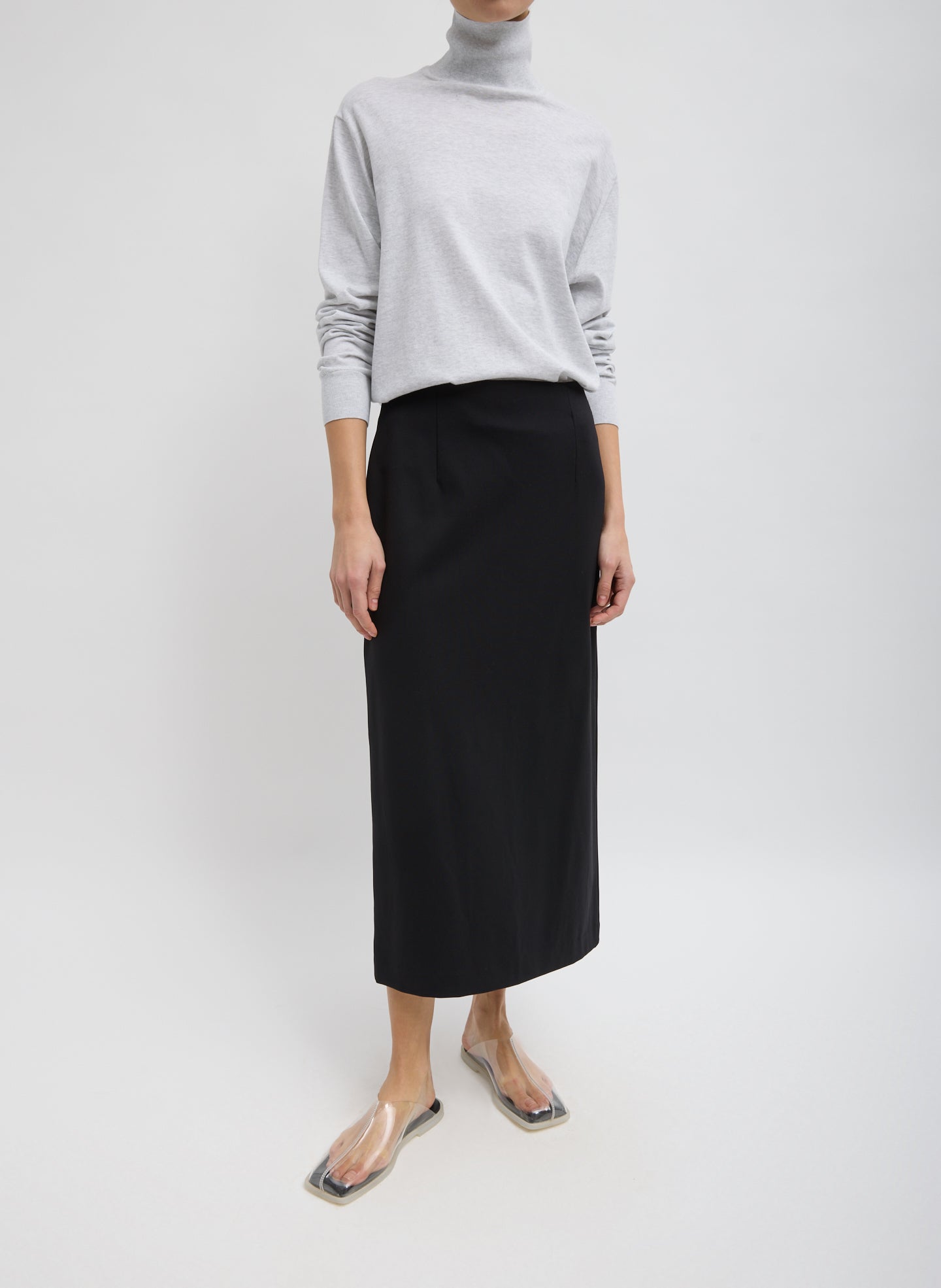 Black Compact Ultra Stretch Knit Pencil Skirt - full look, front view on model