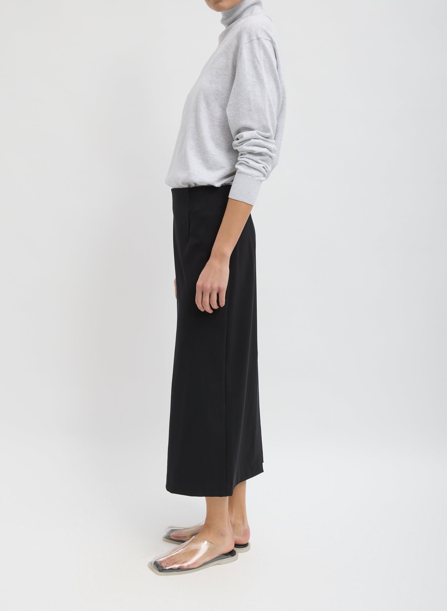 Black Compact Ultra Stretch Knit Pencil Skirt - full look, side view on model