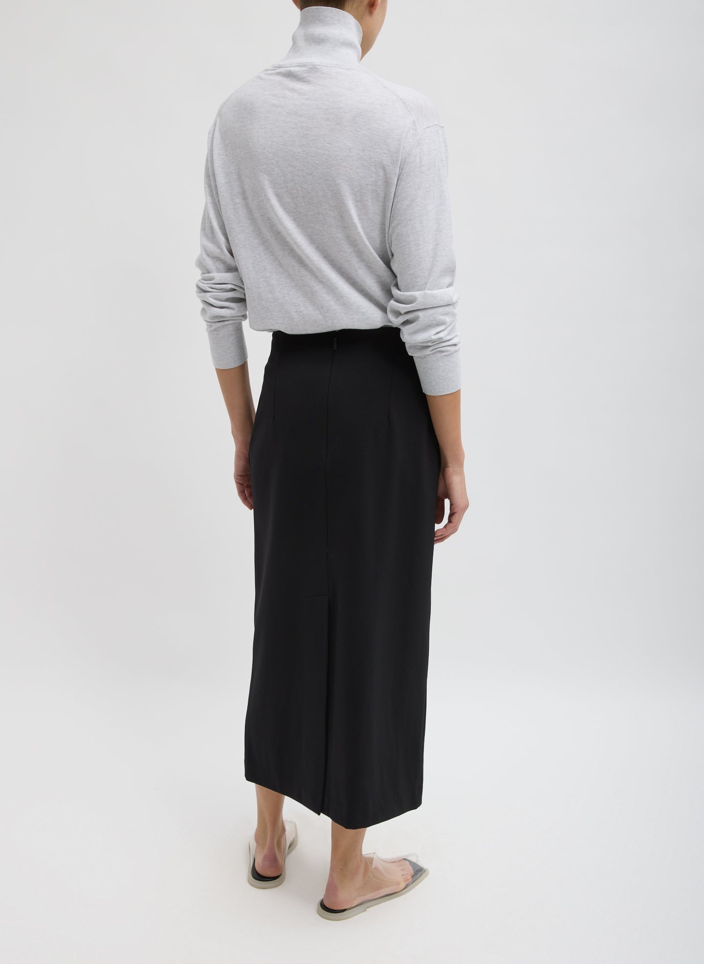 Black Compact Ultra Stretch Knit Pencil Skirt - full look, back view on model
