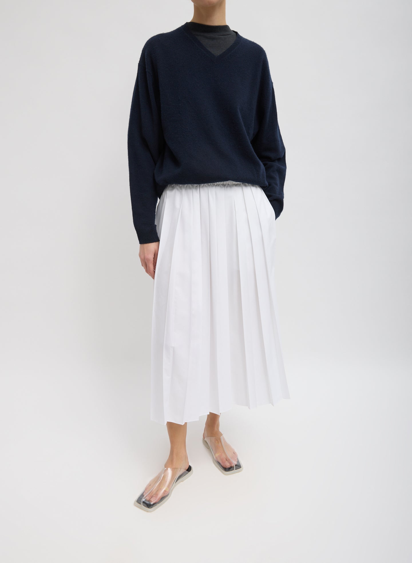White Nylon Pleated Pull On Skirt - full look, front view on model