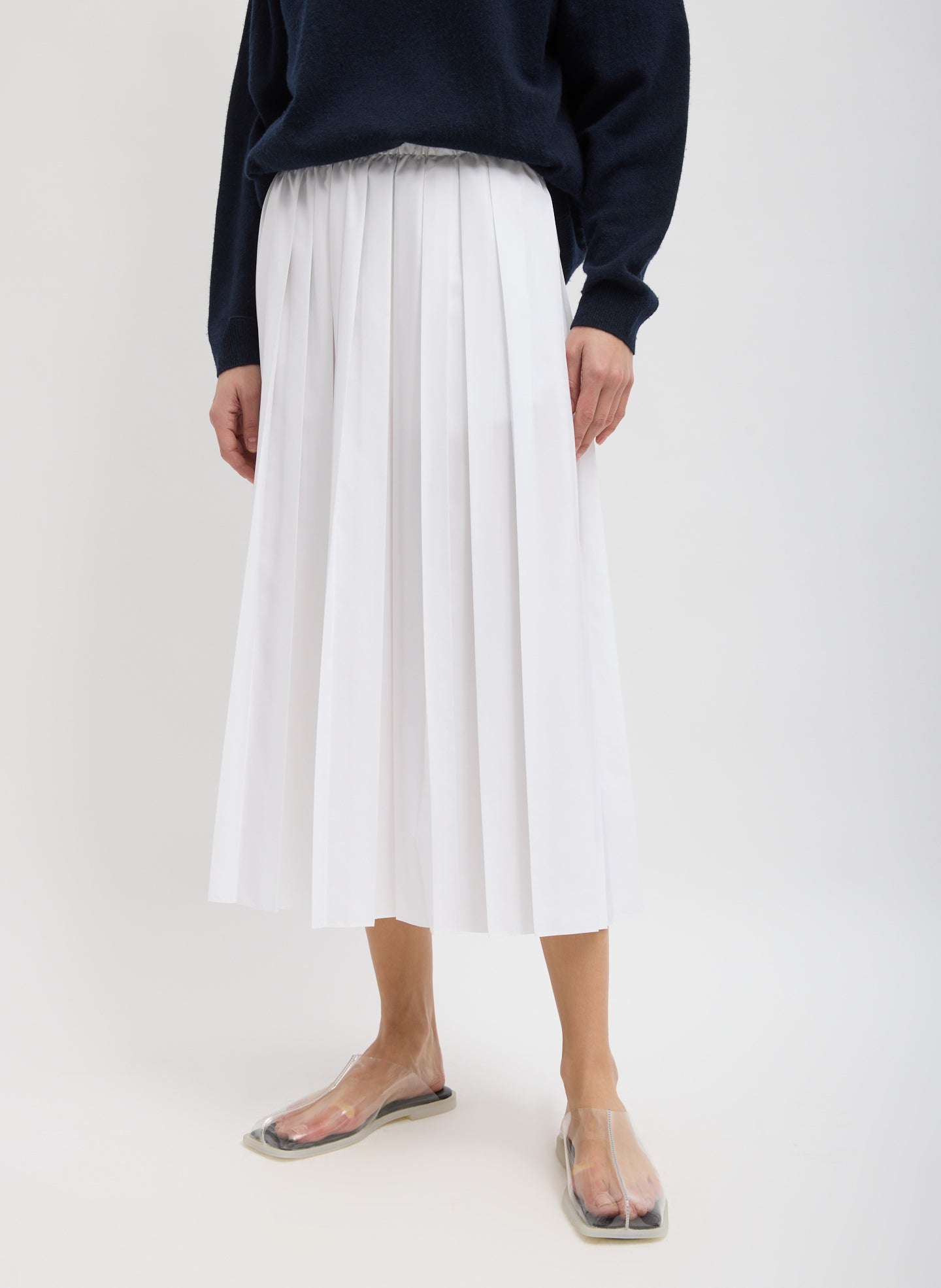 White Nylon Pleated Pull On Skirt - midi skirt, front view on model
