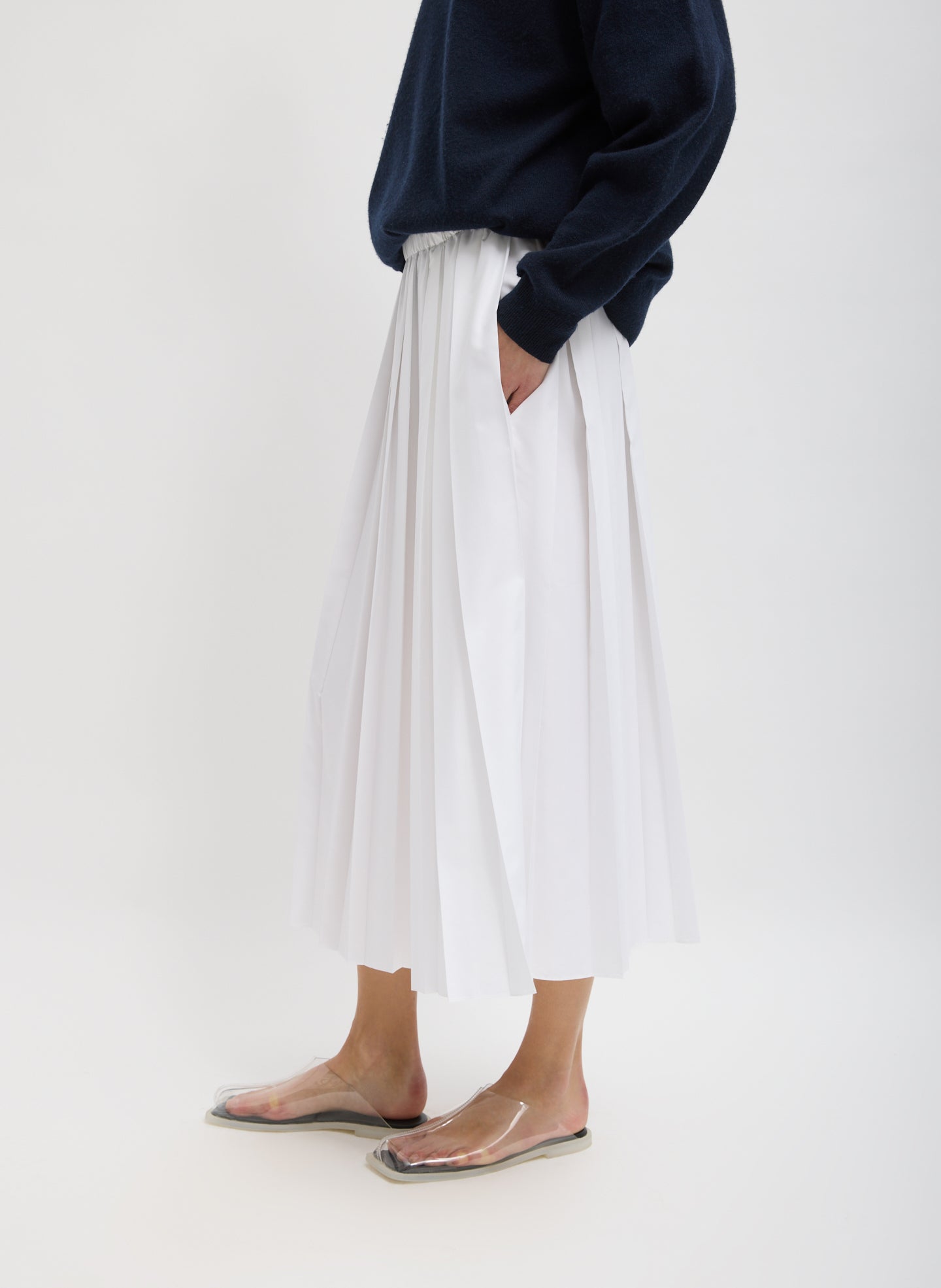 White Nylon Pleated Pull On Skirt - midi skirt, side view on model