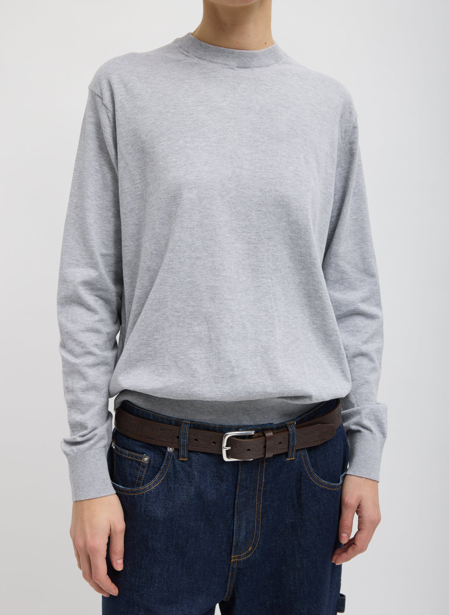 Heather Grey Super Fine Gauge Perfect Men's Pullover - long sleeve crewneck, front view on model