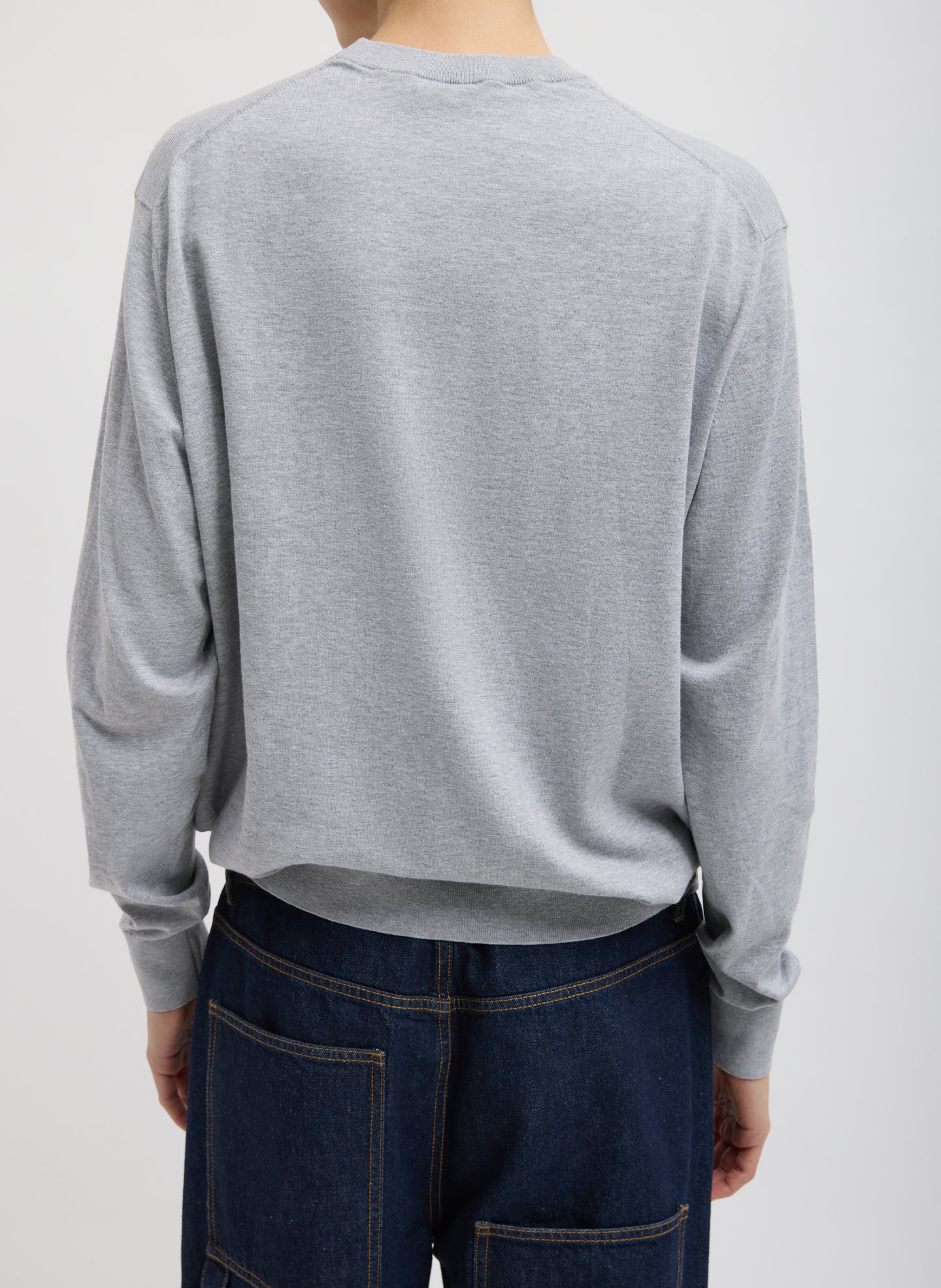 Heather Grey Super Fine Gauge Perfect Men's Pullover - long sleeve crewneck, back view on model