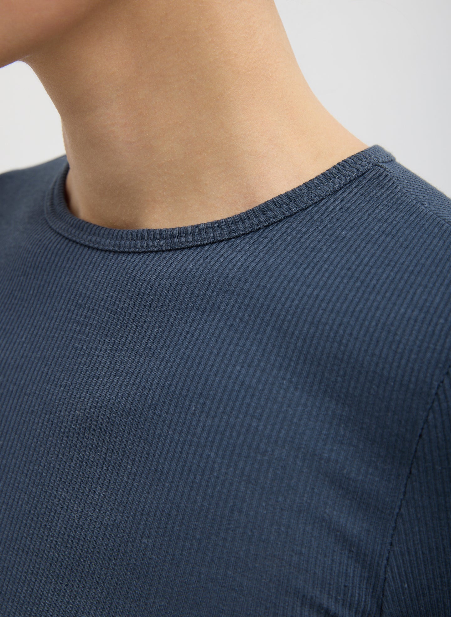Blue Circular Ribbed Crewneck Long Sleeve T-Shirt - closeup of neckline and ribbed fabric