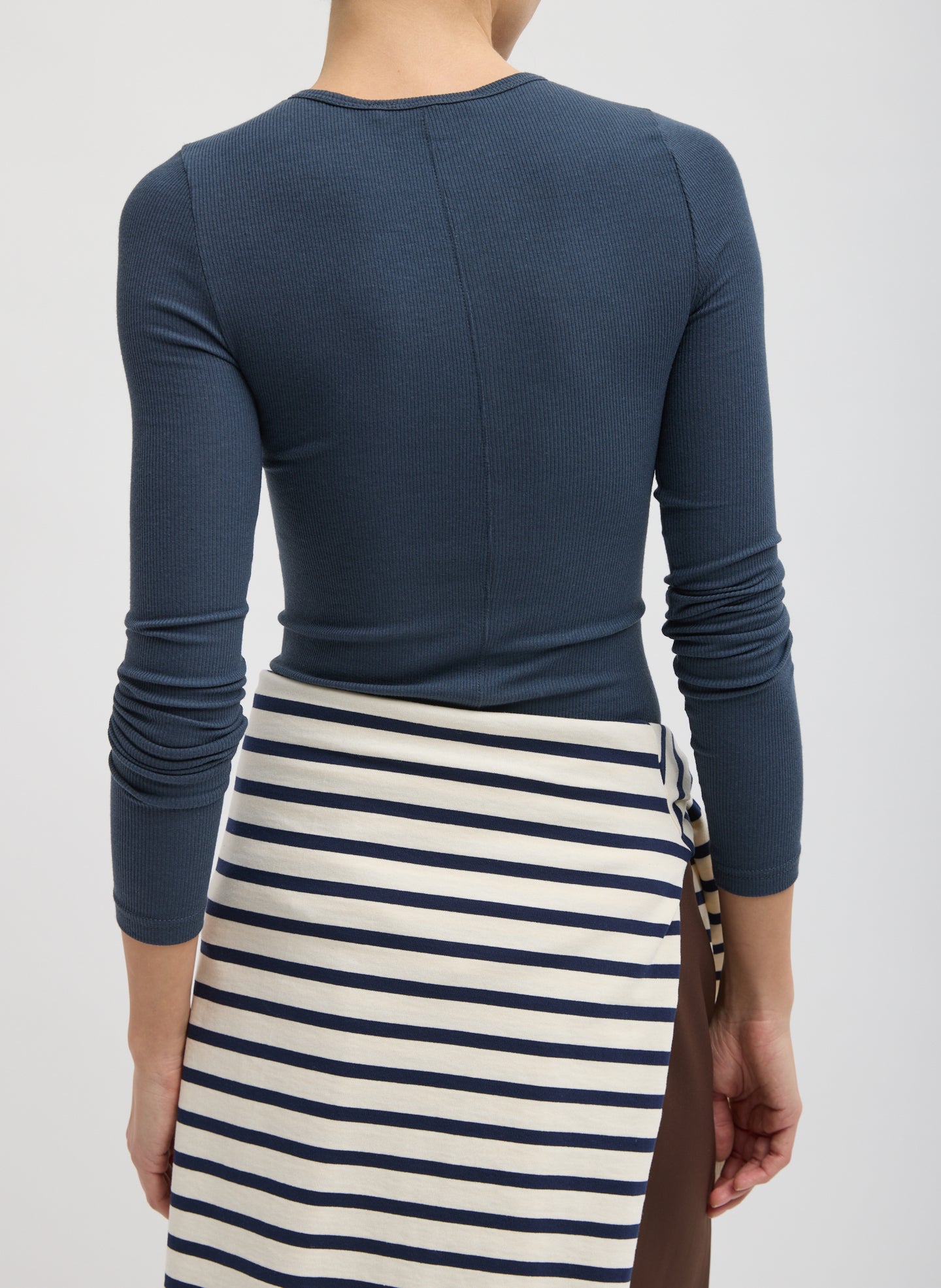 Blue Circular Ribbed Crewneck Long Sleeve T-Shirt - back view on model