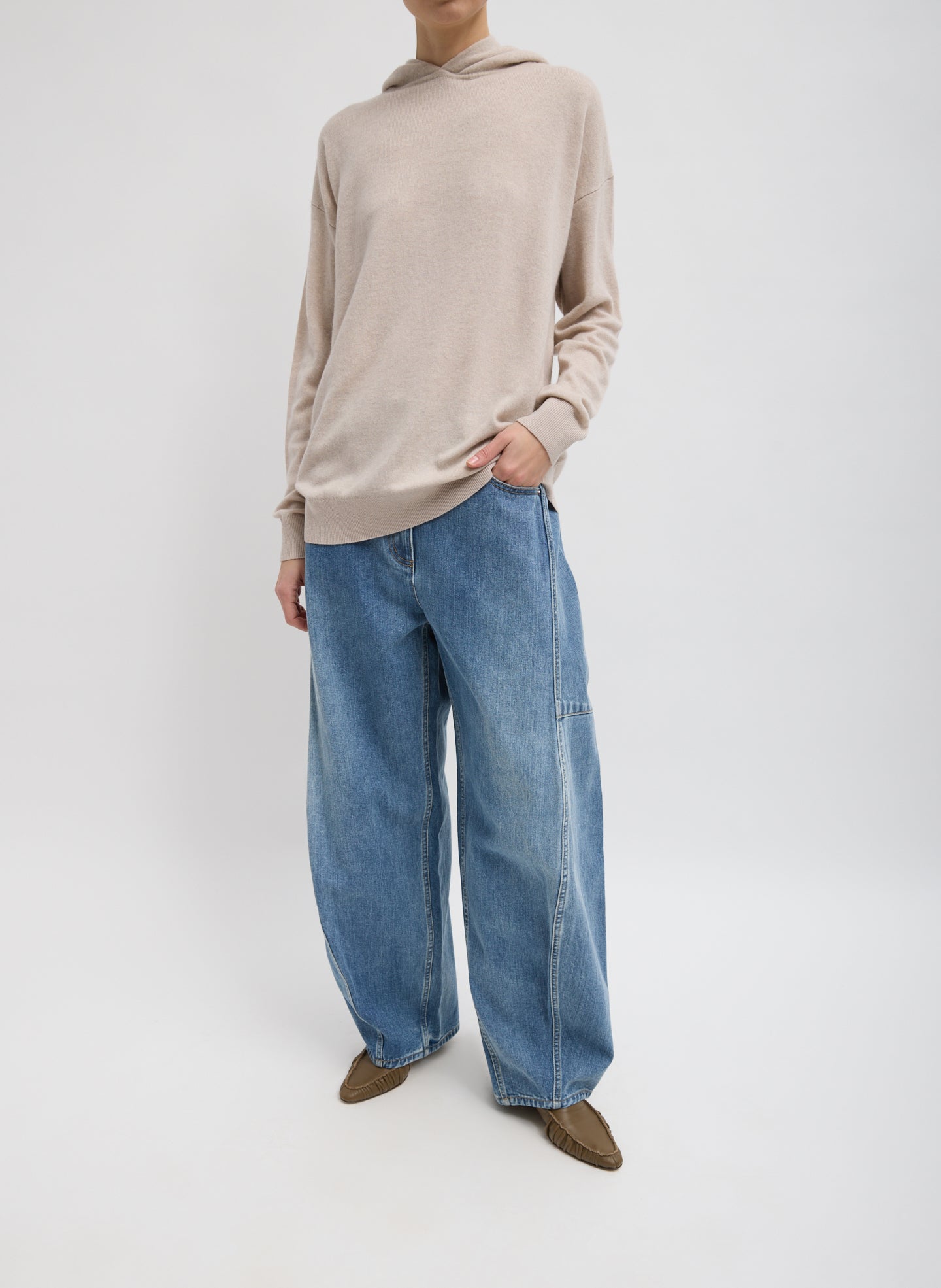 Oatmeal Melange Washable Cashmere Easy Men's Hoodie - full look, front view on model