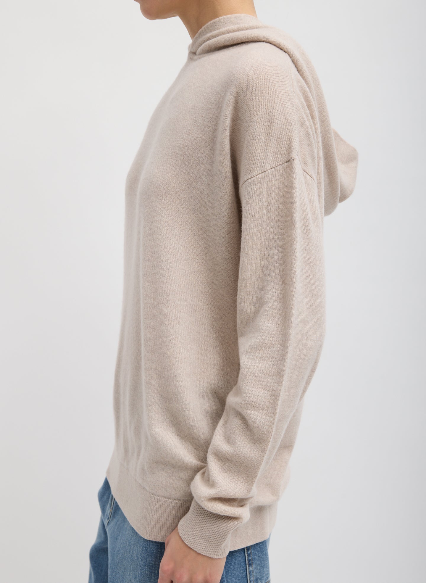 Oatmeal Melange Washable Cashmere Easy Men's Hoodie - sweater, side view on model