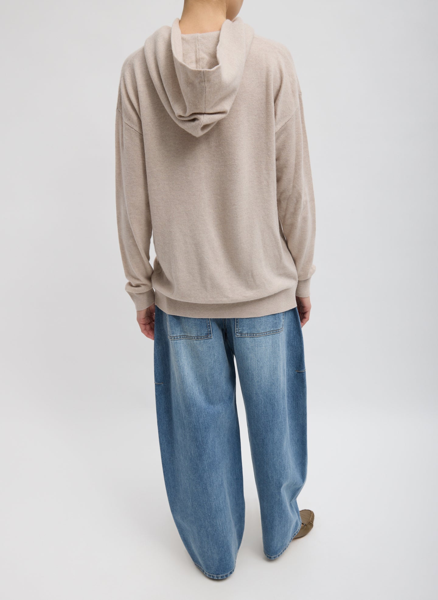 Oatmeal Melange Washable Cashmere Easy Men's Hoodie - full look, back view on model