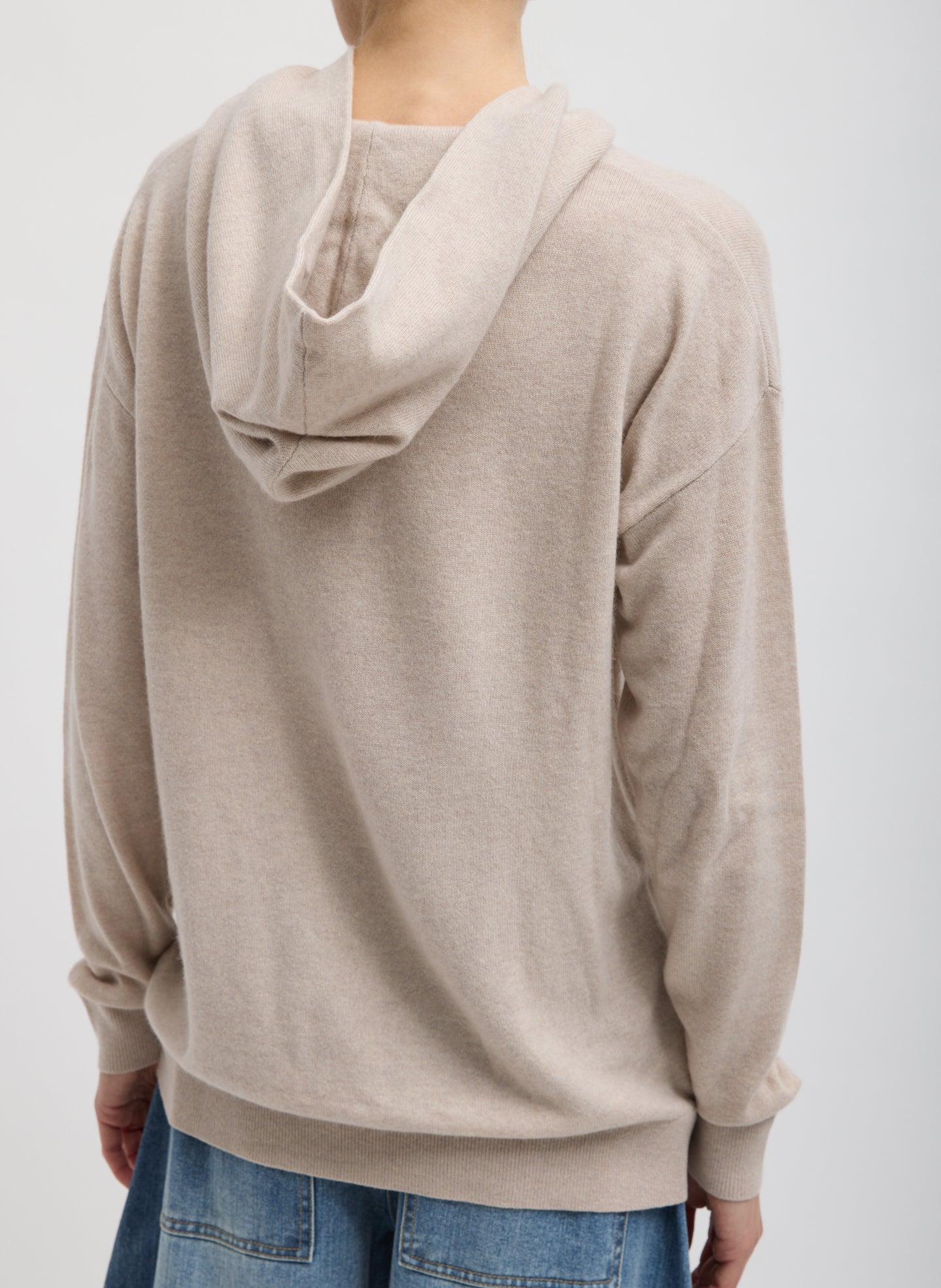 Oatmeal Melange Washable Cashmere Easy Men's Hoodie - sweater, back view on model