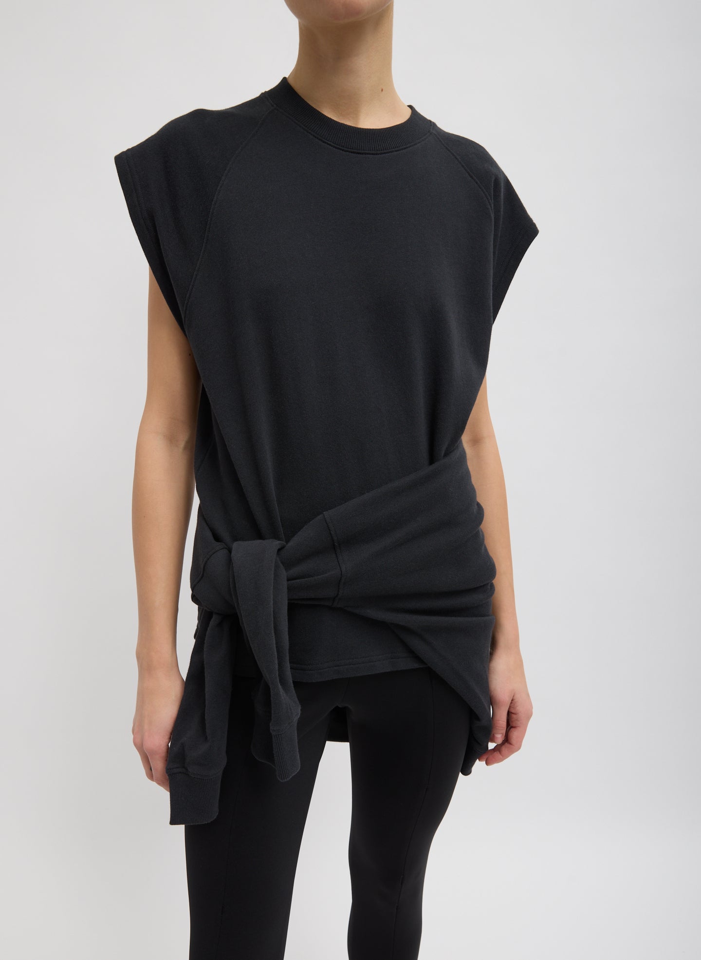 Black Light Weight Sweatshirting Sleeveless Easy Top - front view on model