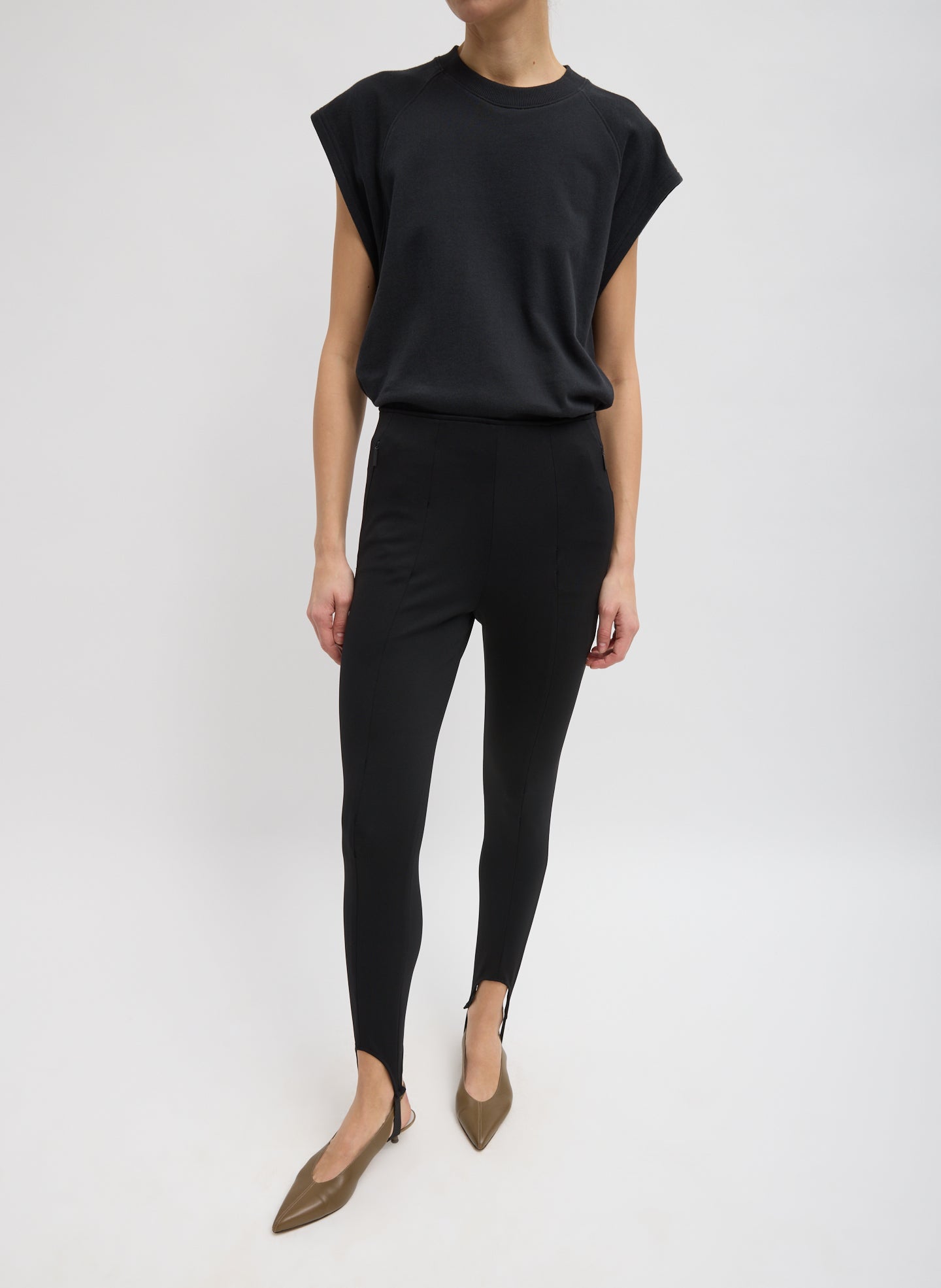 Black Compact Ultra Stretch Knit Stirrup Legging - full look, front view on model