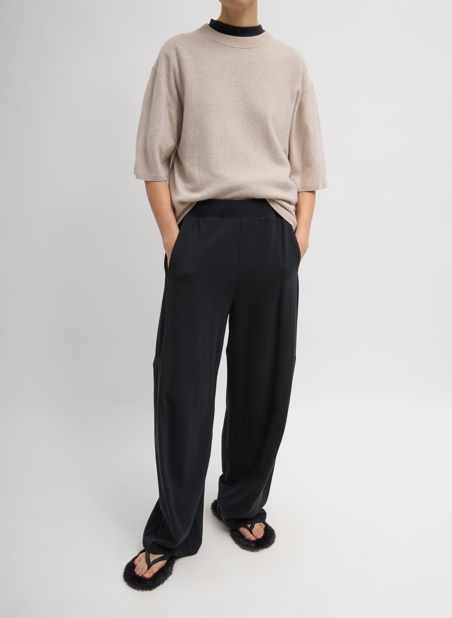 Black Light Weight Sweatshirting Winslow Pant - barrel leg lounge pant, front view on model