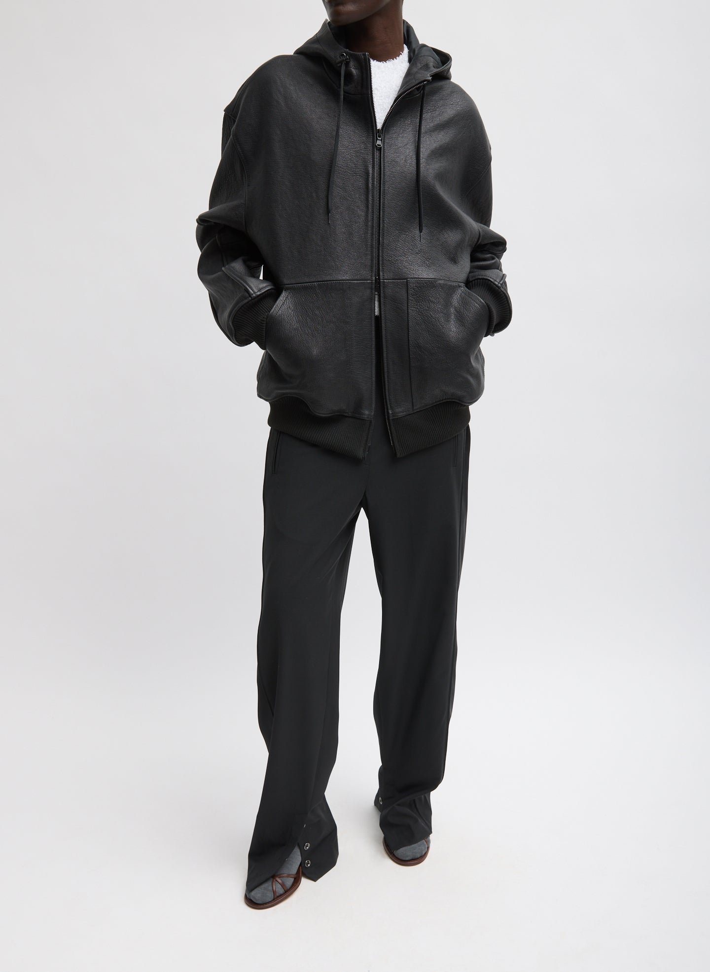 Black Pebbled Leather Zip Up Hoodie Jacket - full look, front view on model