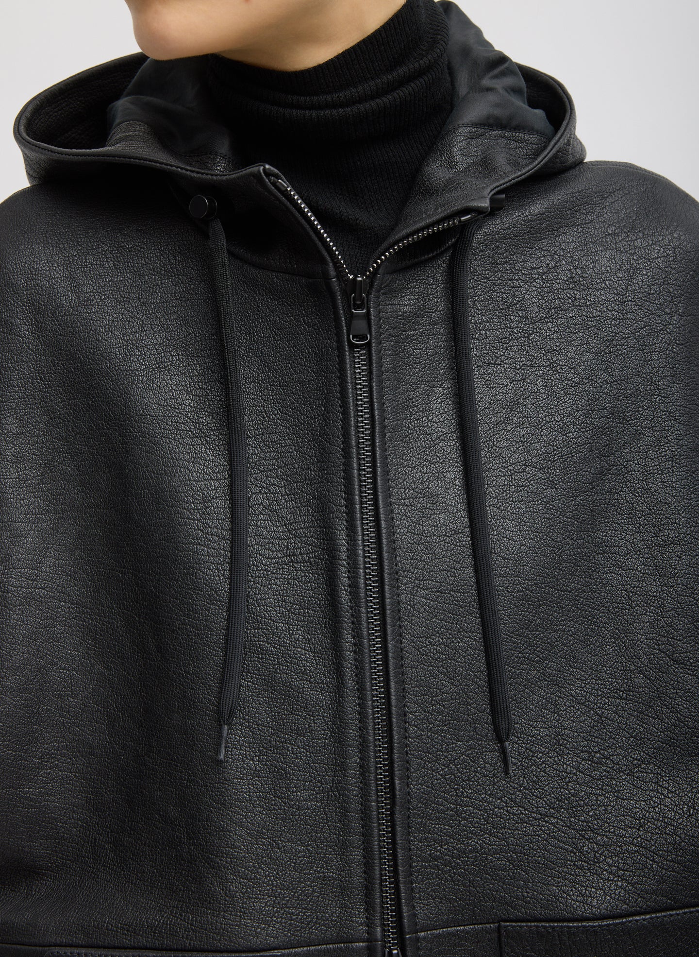 Black Pebbled Leather Zip Up Hoodie Jacket - closeup of zipper and drawstring detail