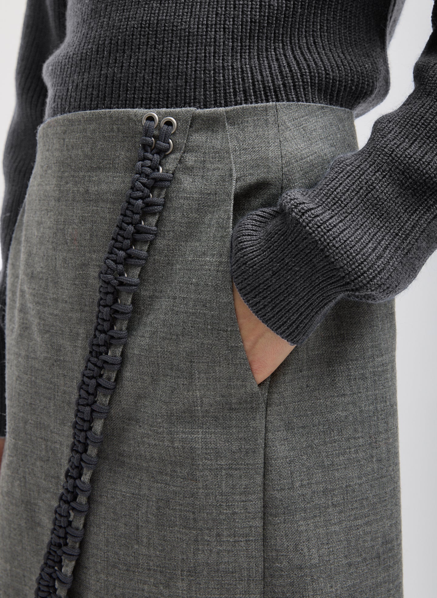 Grey Techy Bonded Wool Crochet Trim Skirt - closeup of crochet trim detail