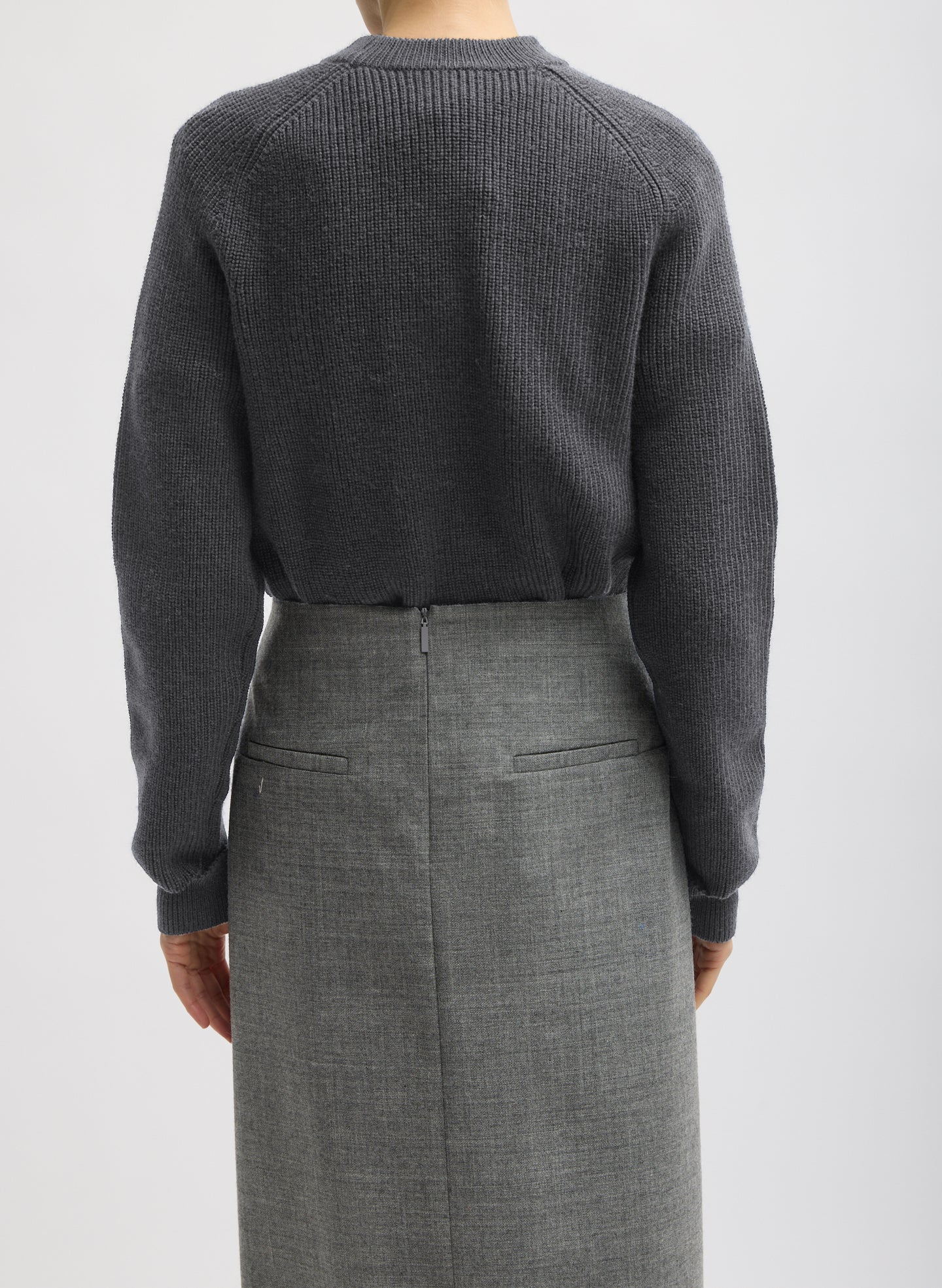 Grey Techy Bonded Wool Crochet Trim Skirt - closeup of back pocket and zip detail