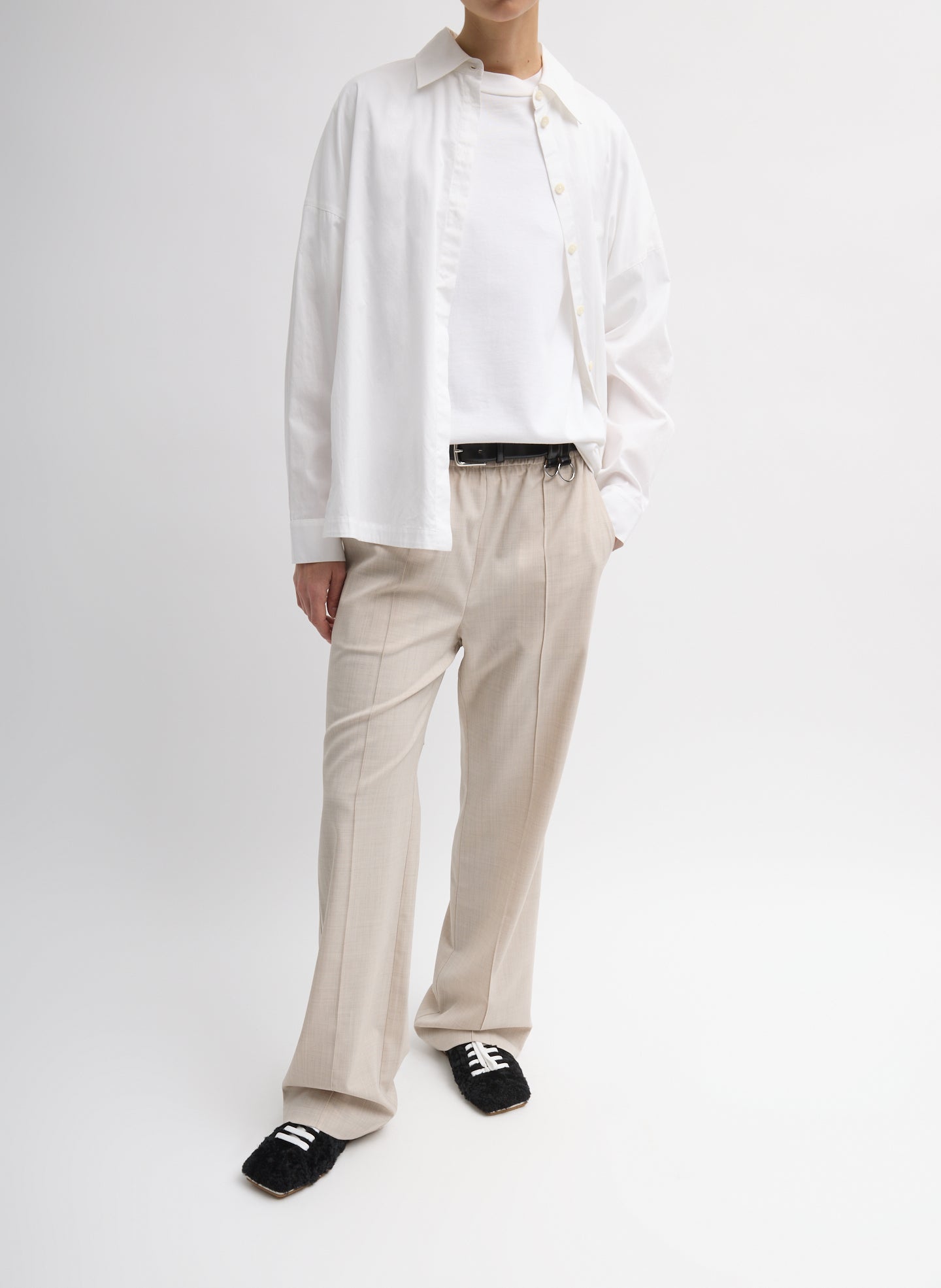 White Gabe Oversized Shirt - unbuttoned, full look, front view on model
