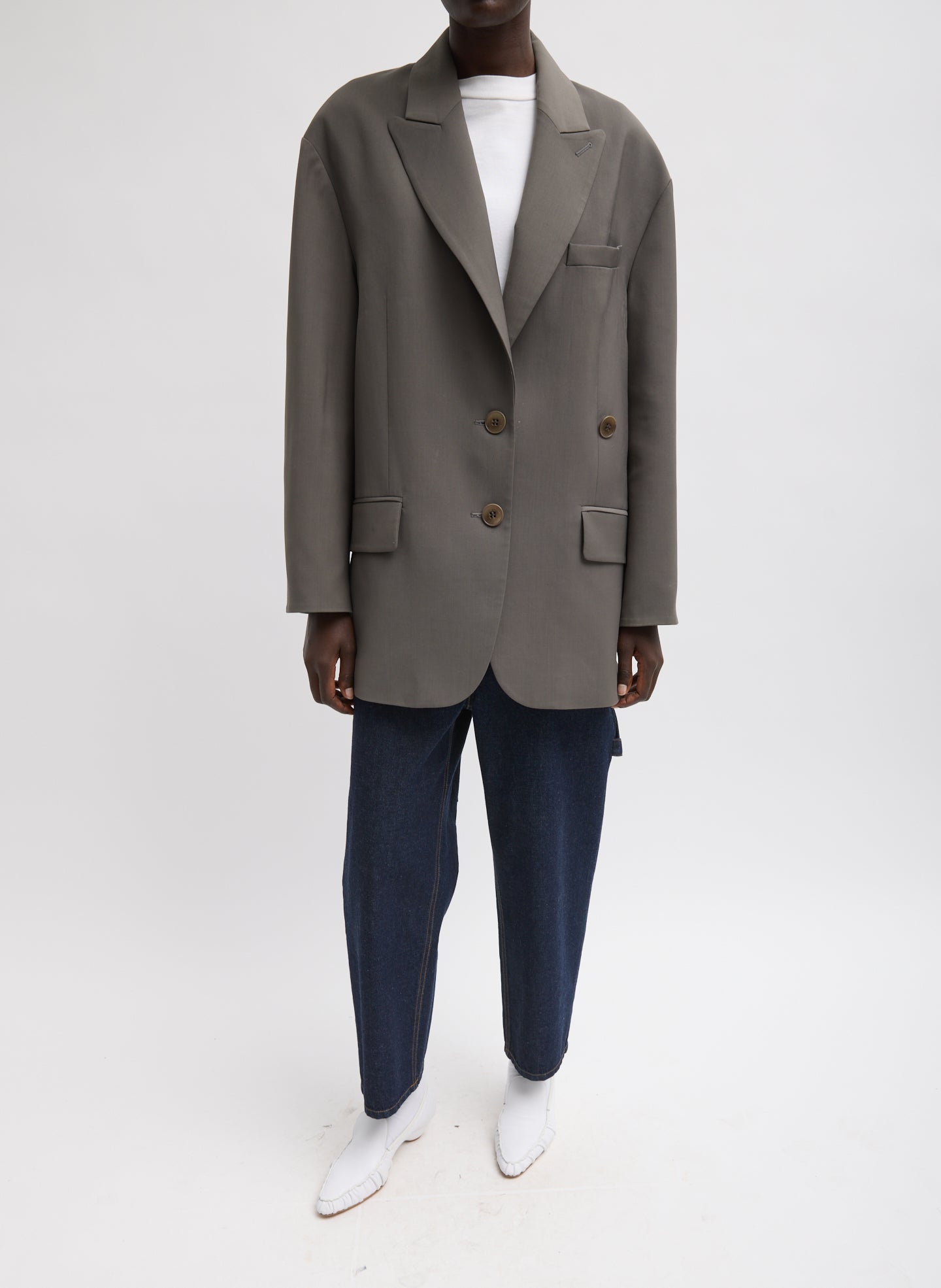 Dark Stone Grey Tropical Wool Liam Blazer - full look, front view on model