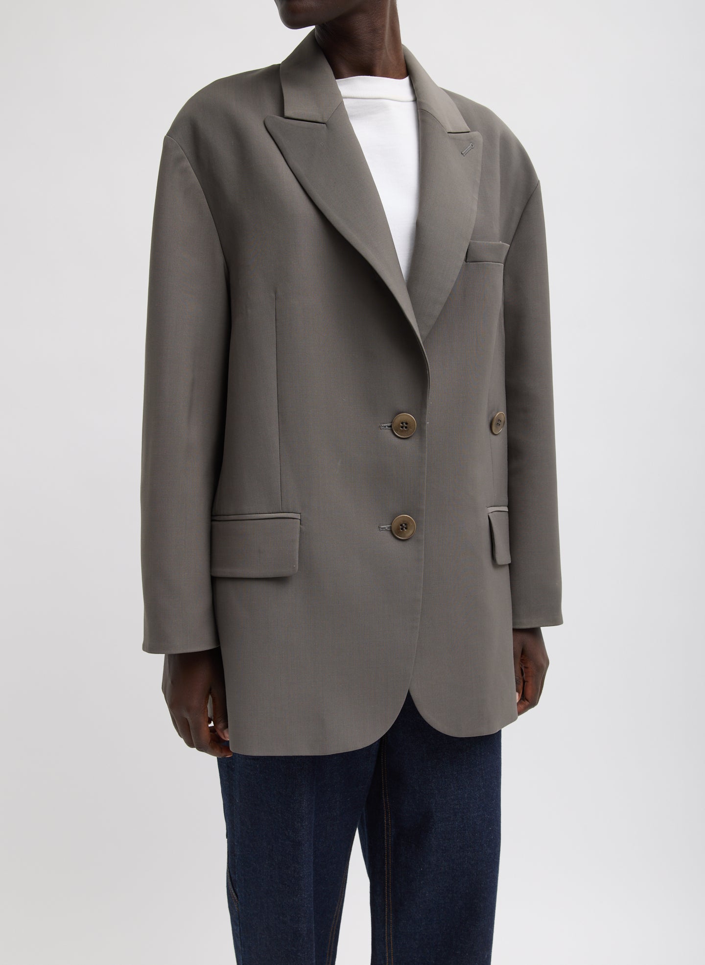 Dark Stone Grey Tropical Wool Liam Blazer - oversized fit, front view on model
