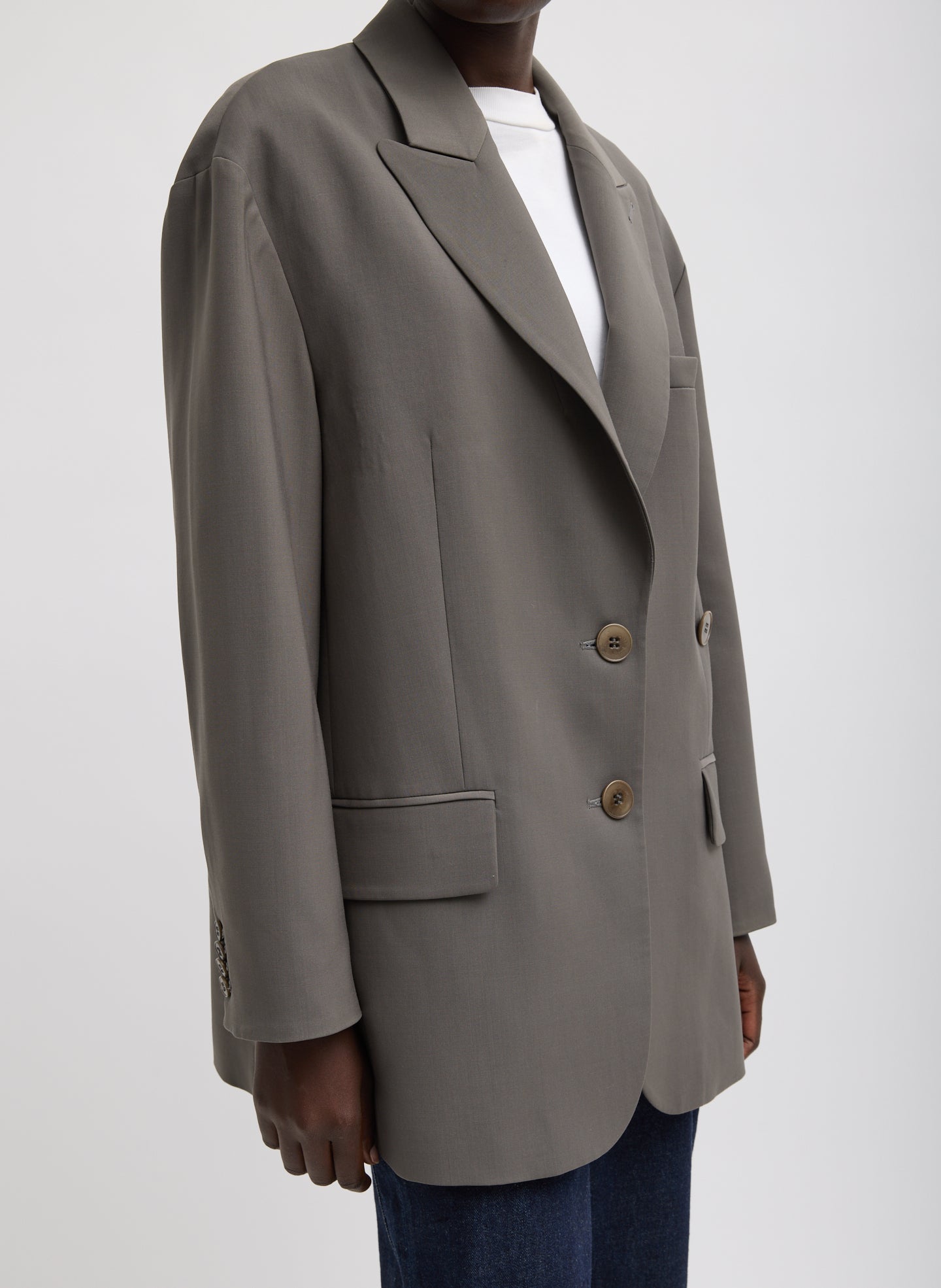 Dark Stone Grey Tropical Wool Liam Blazer - oversized fit, side view on model