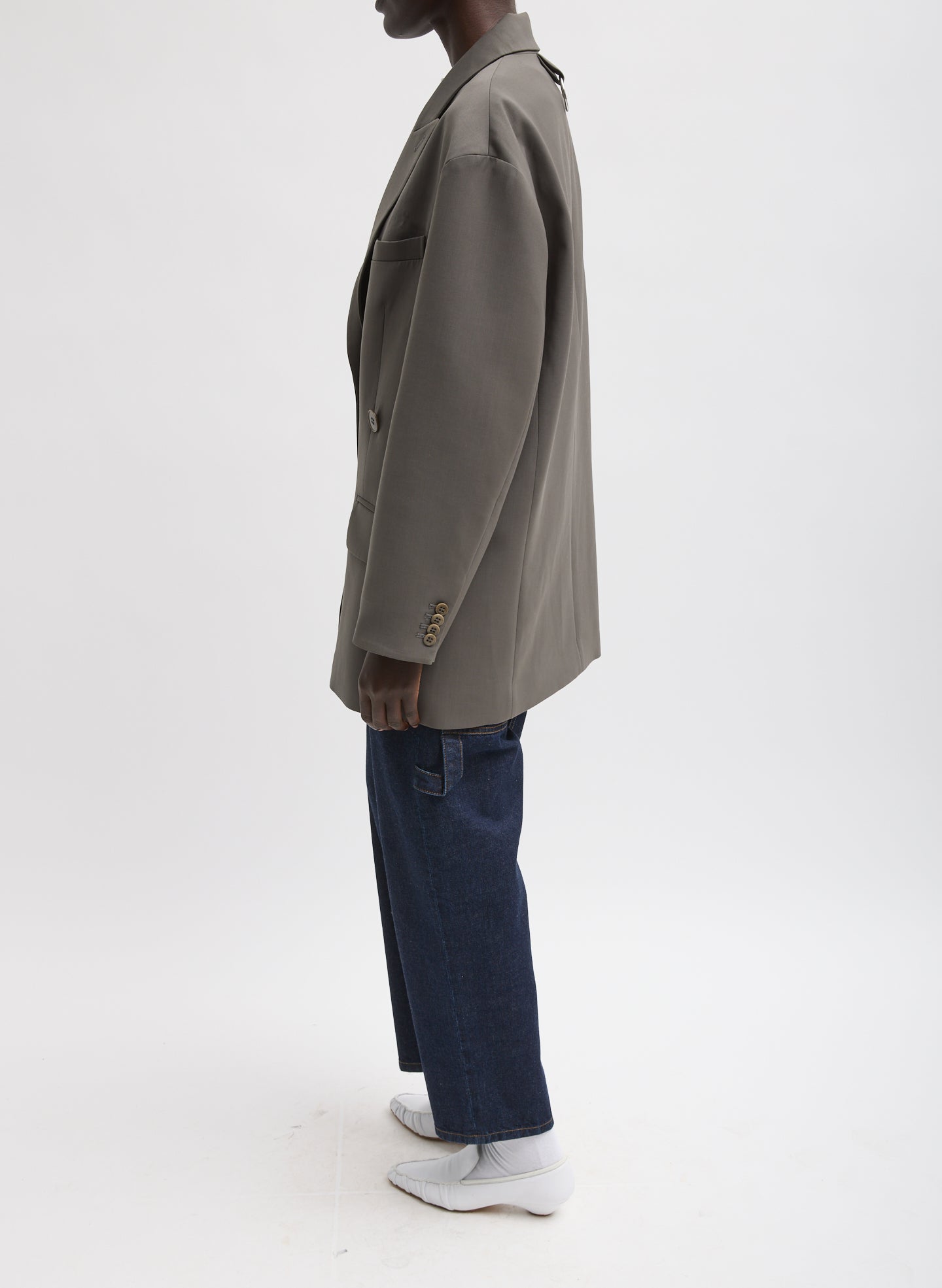 Dark Stone Grey Tropical Wool Liam Blazer - full look, side view on model