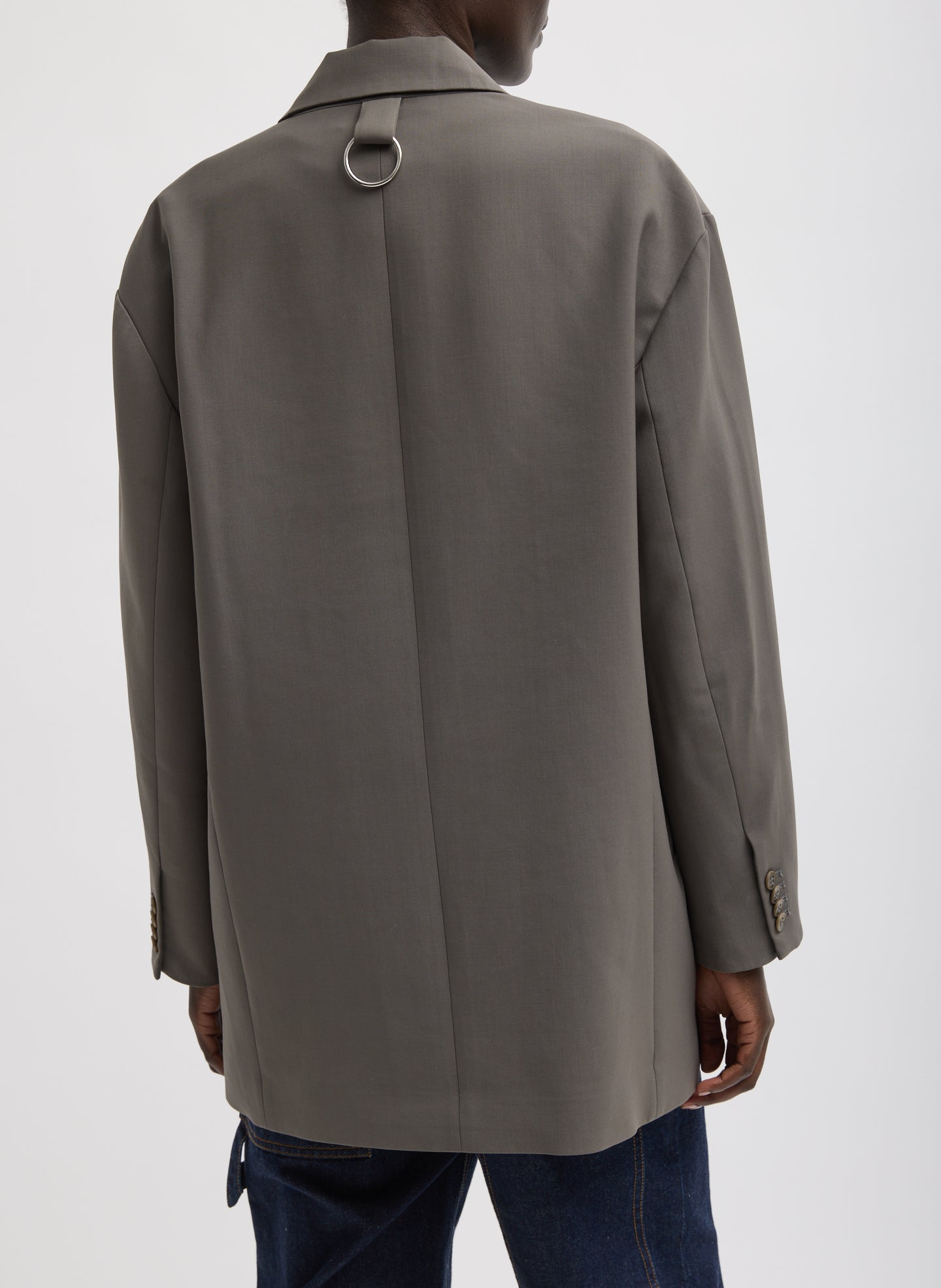 Dark Stone Grey Tropical Wool Liam Blazer - oversized fit, back view on model