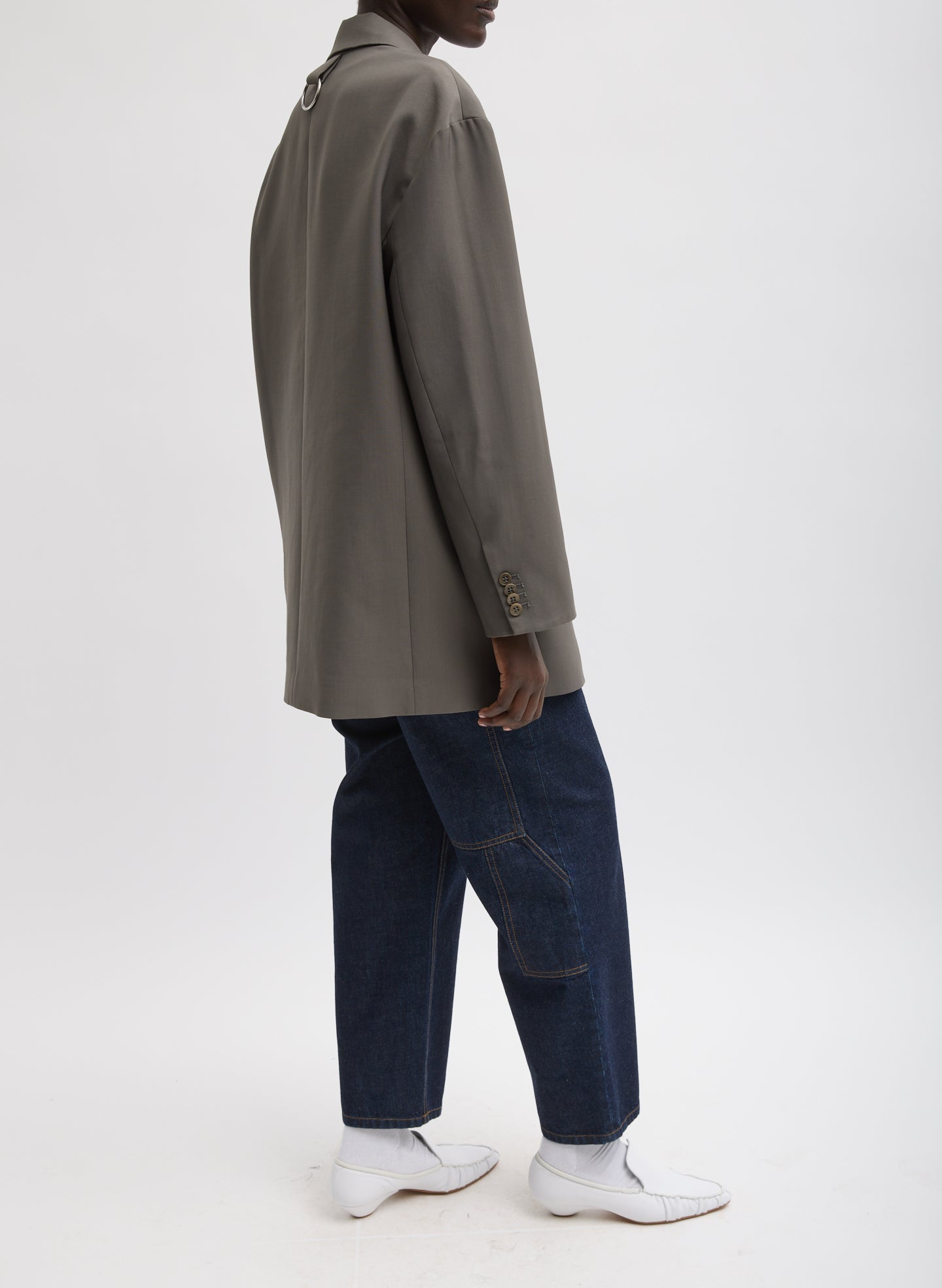 Dark Stone Grey Tropical Wool Liam Blazer - full look, side view on model