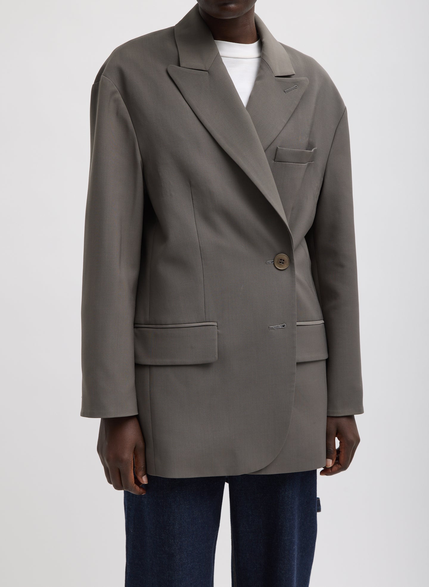 Dark Stone Grey Tropical Wool Liam Blazer - oversized fit, front view on model