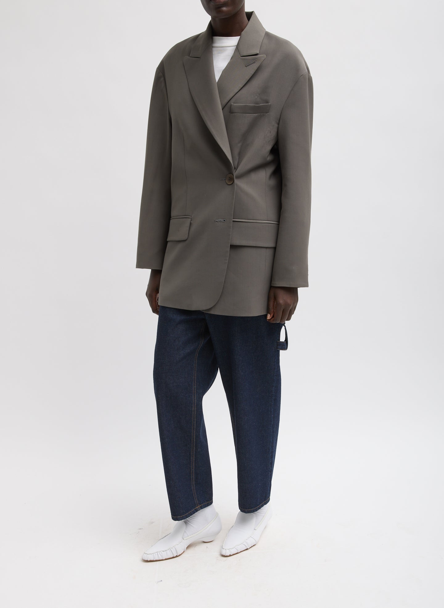 Dark Stone Grey Tropical Wool Liam Blazer - full look, front view on model