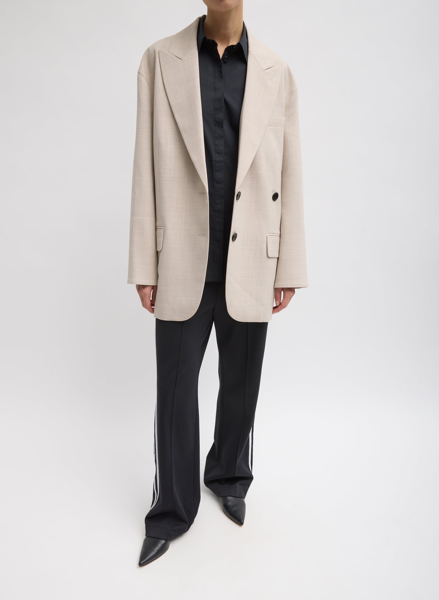 Oatmeal Melange Tropical Wool Liam Blazer - full look, unbuttoned, front view on model
